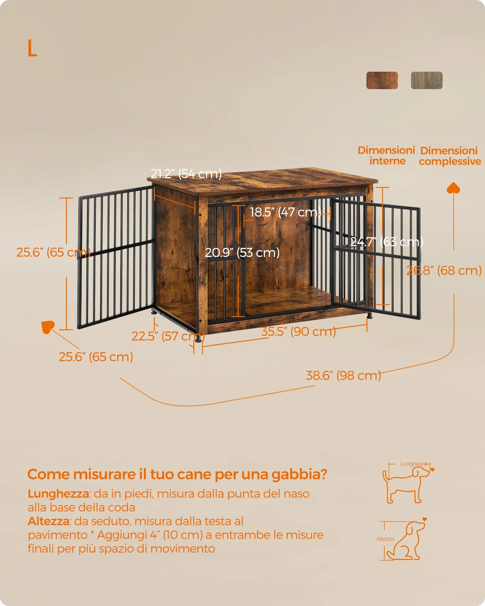 Feandrea Mobile Gabbia per Cani con Base Chiusa, 2 Porte, L, Marrone Vintage e Nero PFC023X01 - immagine 6