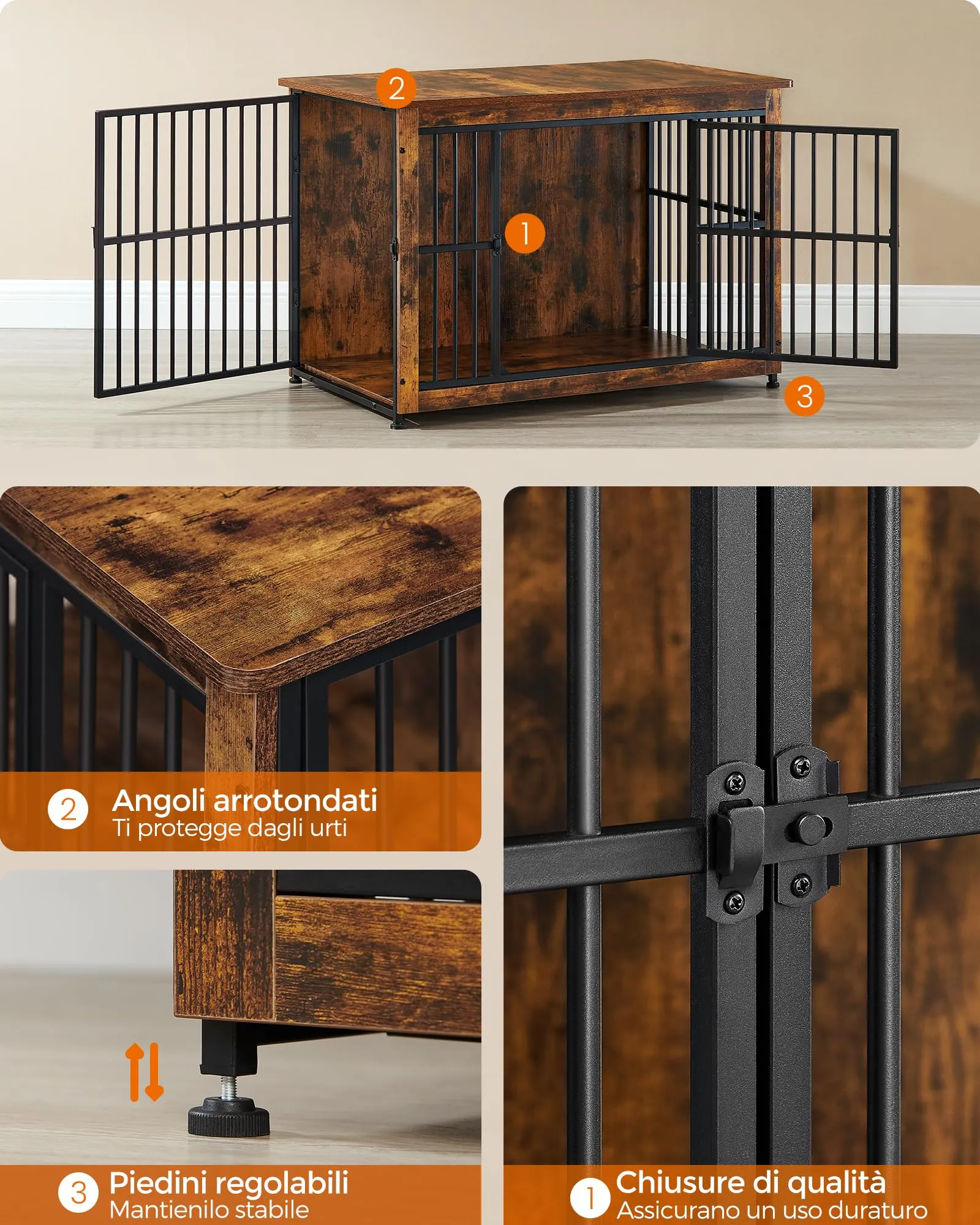 Feandrea Mobile Gabbia per Cani con Base Chiusa, 2 Porte, L, Marrone Vintage e Nero PFC023X01 - immagine 7