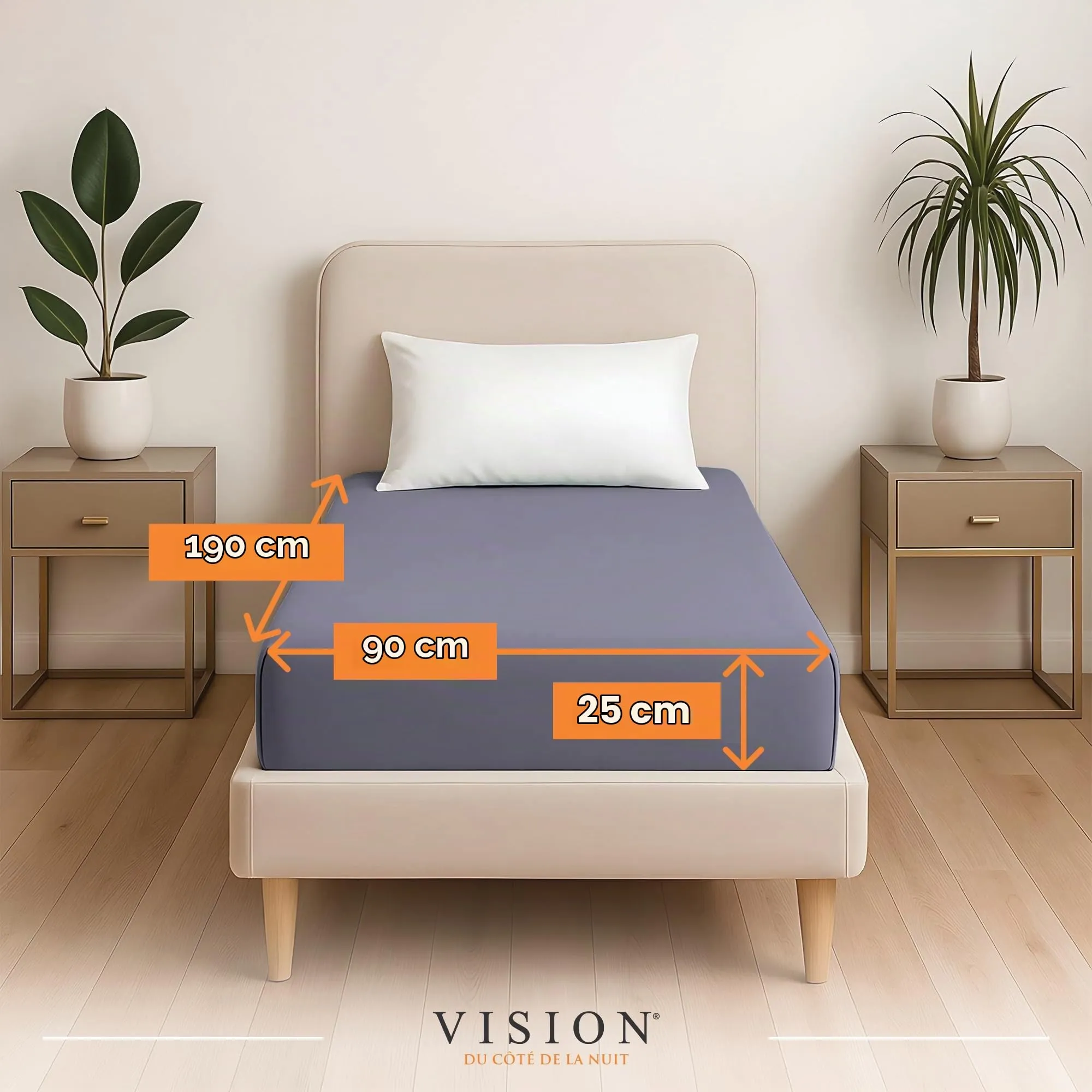 VISION Lenzuolo con angoli in cotone per letto singolo, 90 x 190 cm, grigio - immagine 2