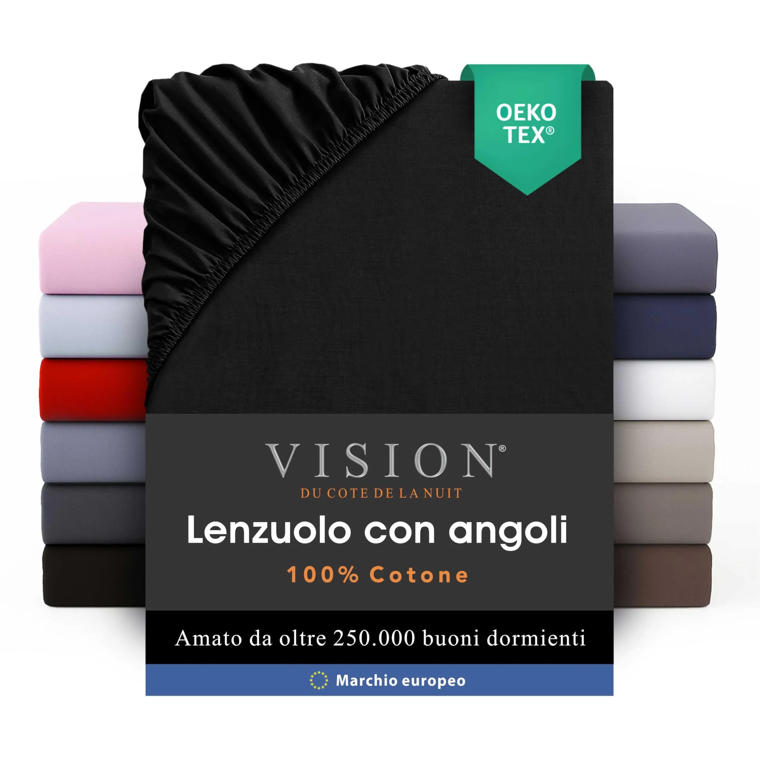 VISION Lenzuolo con angoli 100% cotone, Letto matrimoniale 180 x 200 cm, Nero - immagine 1