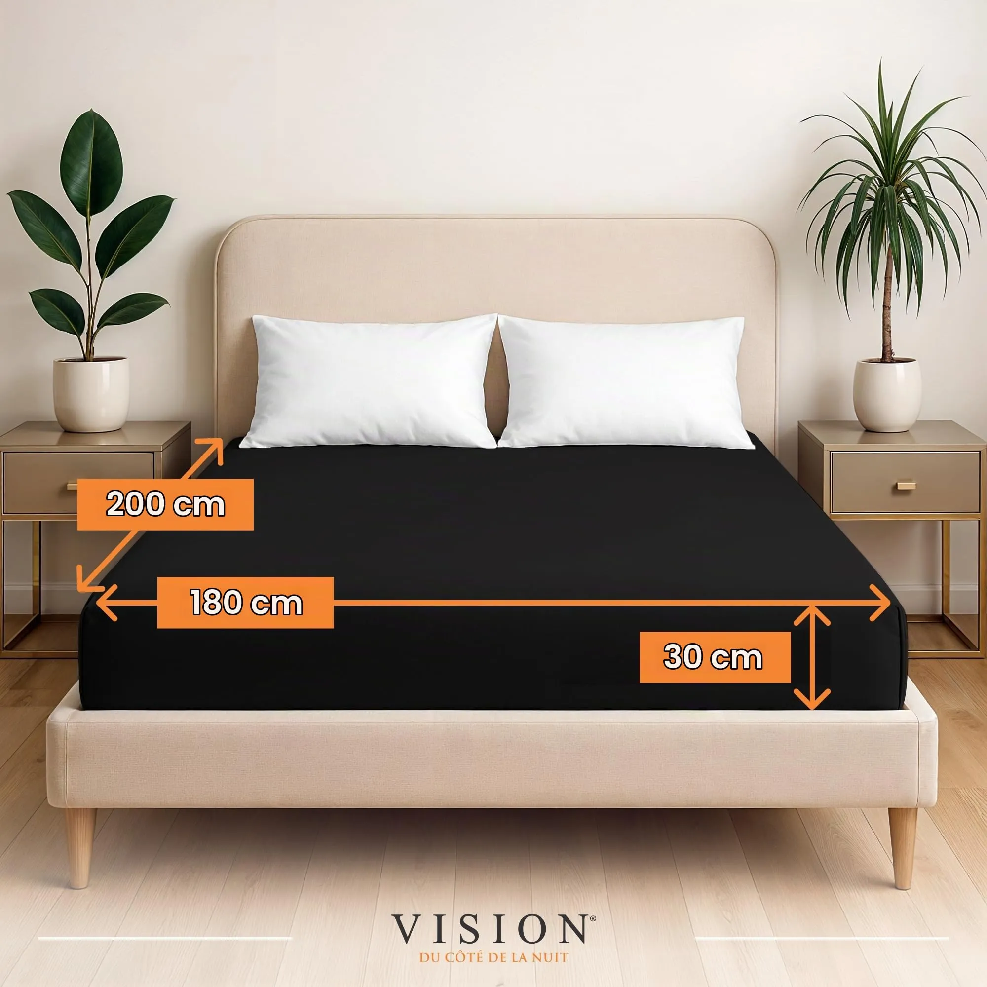 VISION Lenzuolo con angoli 100% cotone, Letto matrimoniale 180 x 200 cm, Nero - immagine 2