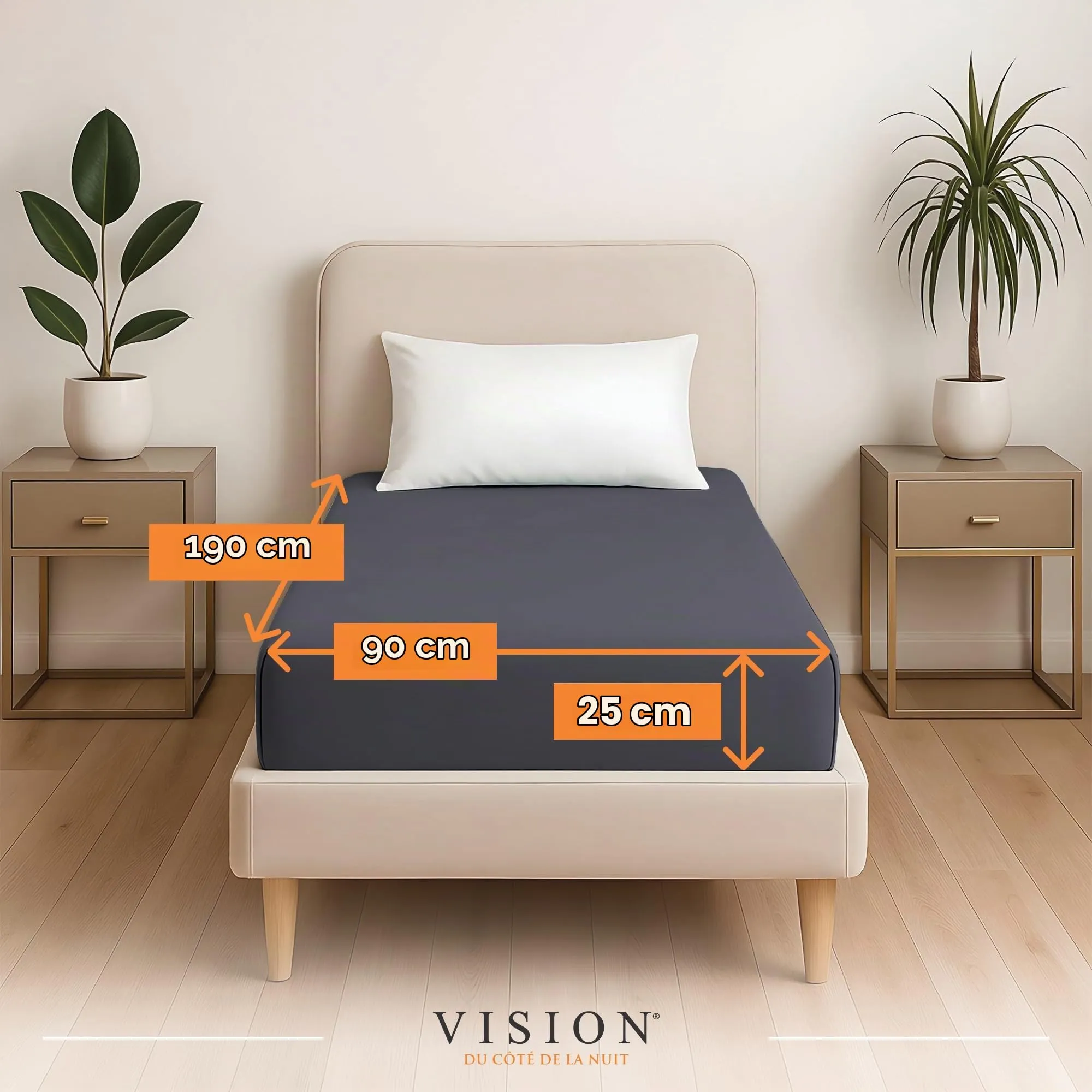 VISION Lenzuolo con angoli in 100% cotone, 90 x 190 cm, Grigio Scuro - immagine 2