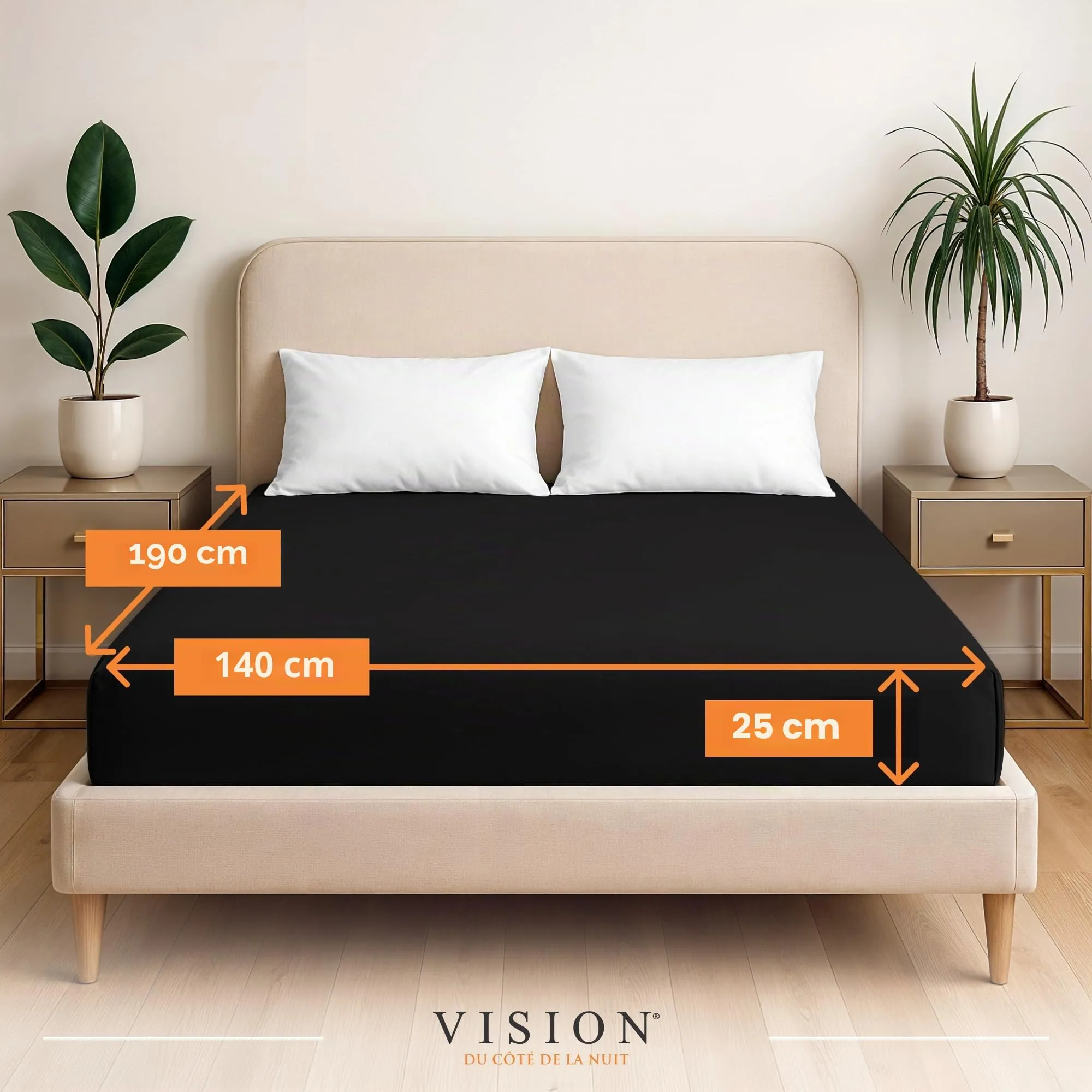 VISION Lenzuolo con angoli 100% cotone, 140 x 190 cm, Nero - immagine 2