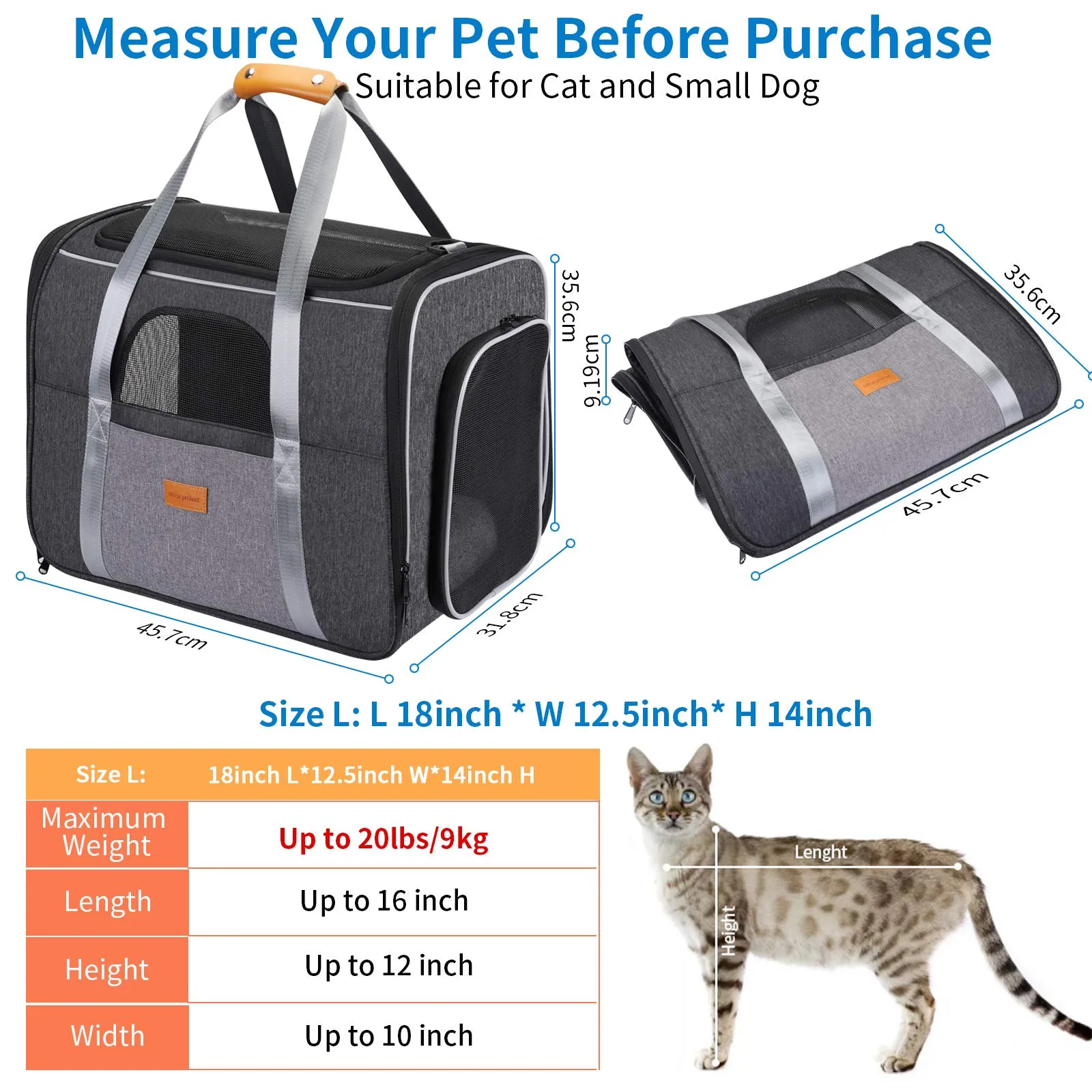 Morpilot Trasportino per Gatti e Cani fino a 9 kg, Pieghevole, 47x32x36cm, Grigio/Nero - immagine 3