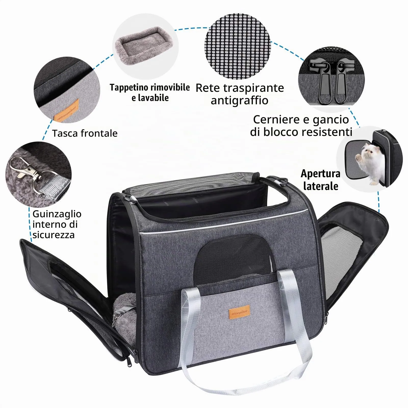Morpilot Trasportino per Gatti e Cani fino a 9 kg, Pieghevole, 47x32x36cm, Grigio/Nero - immagine 4