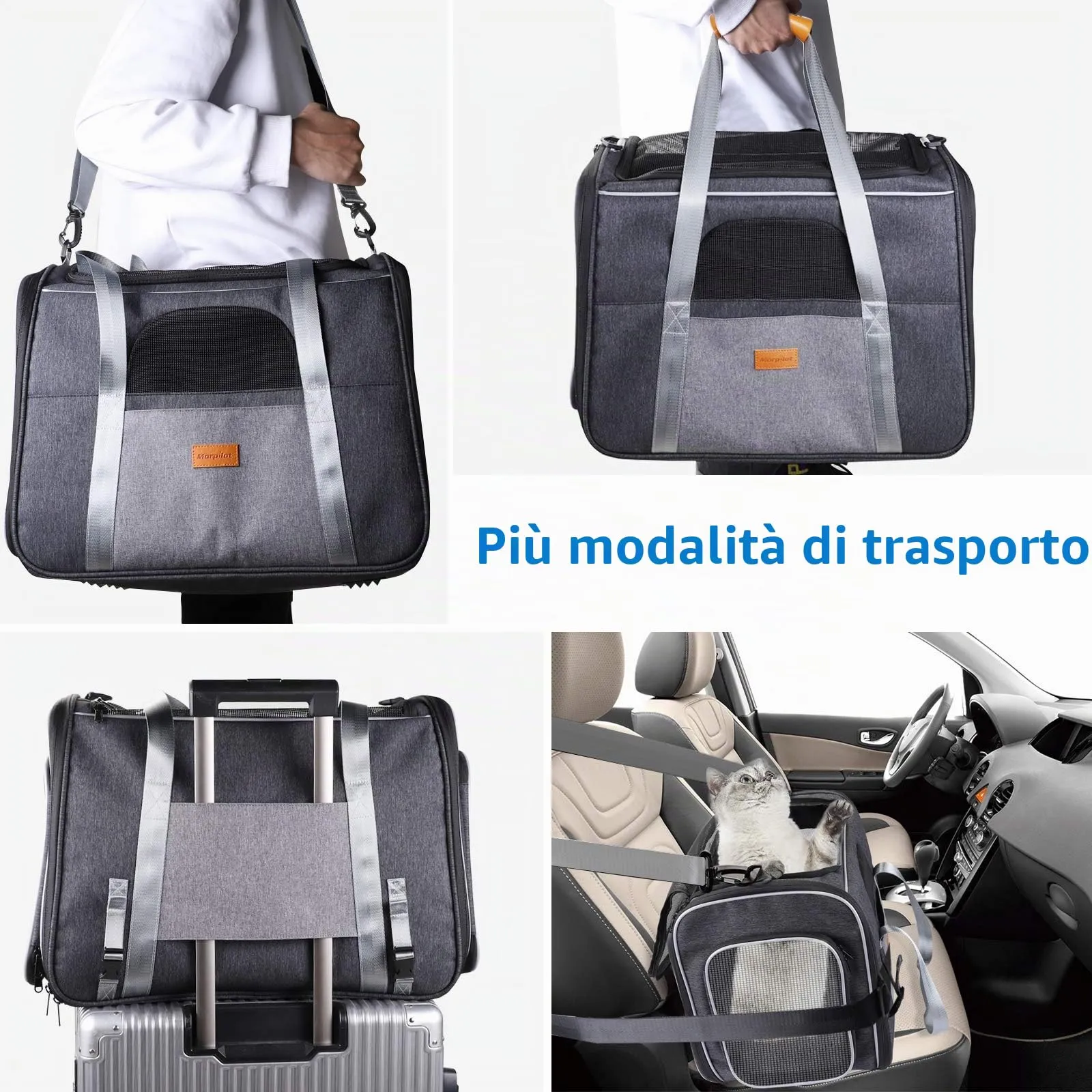 Morpilot Trasportino per Gatti e Cani fino a 9 kg, Pieghevole, 47x32x36cm, Grigio/Nero - immagine 5