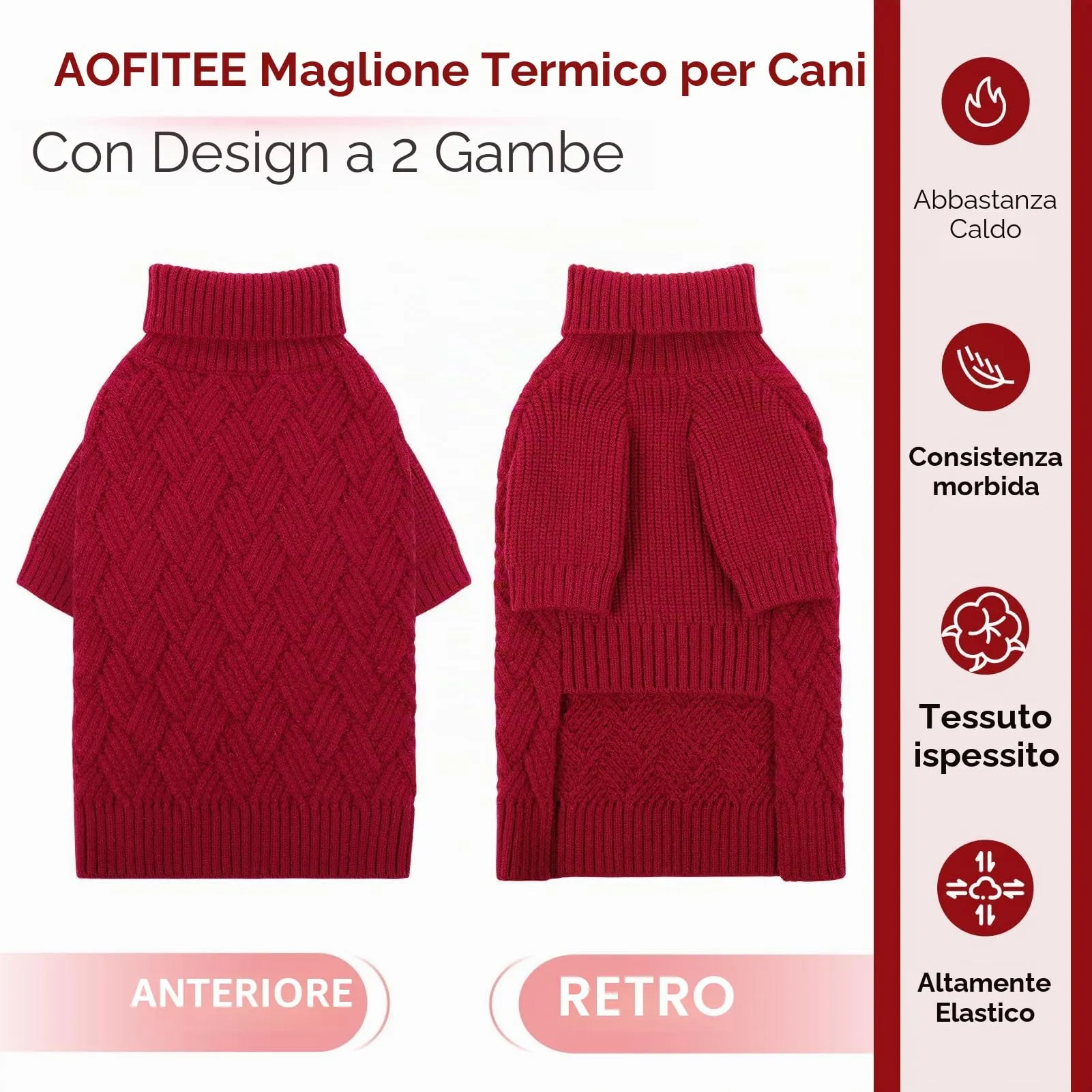 AOFITEE Maglione Invernale per Cani con Collo Alto, Rosso, S - immagine 5