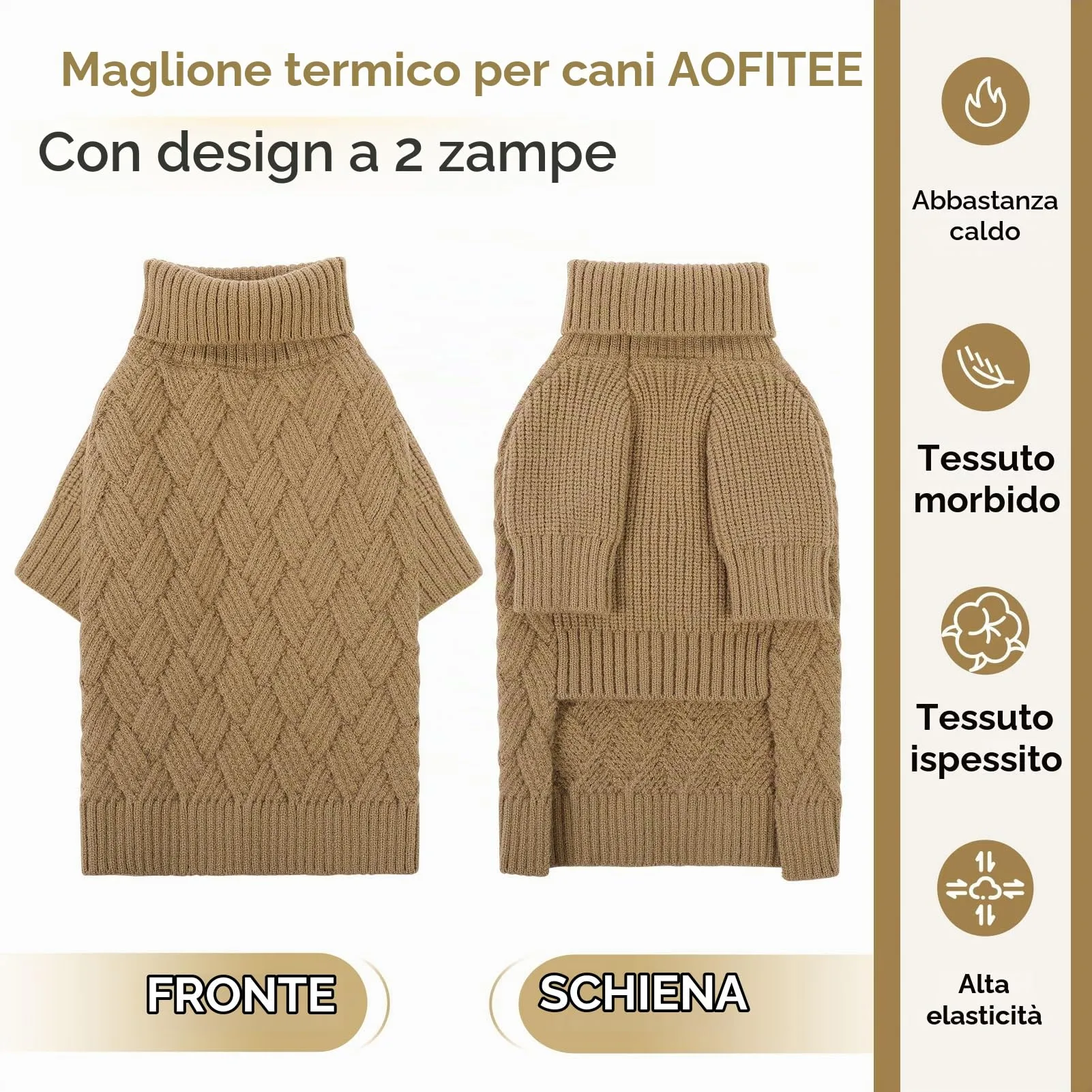 AOFITEE Maglione per Cani Invernale con Collo Alto e Maniche, Marrone, S - immagine 5