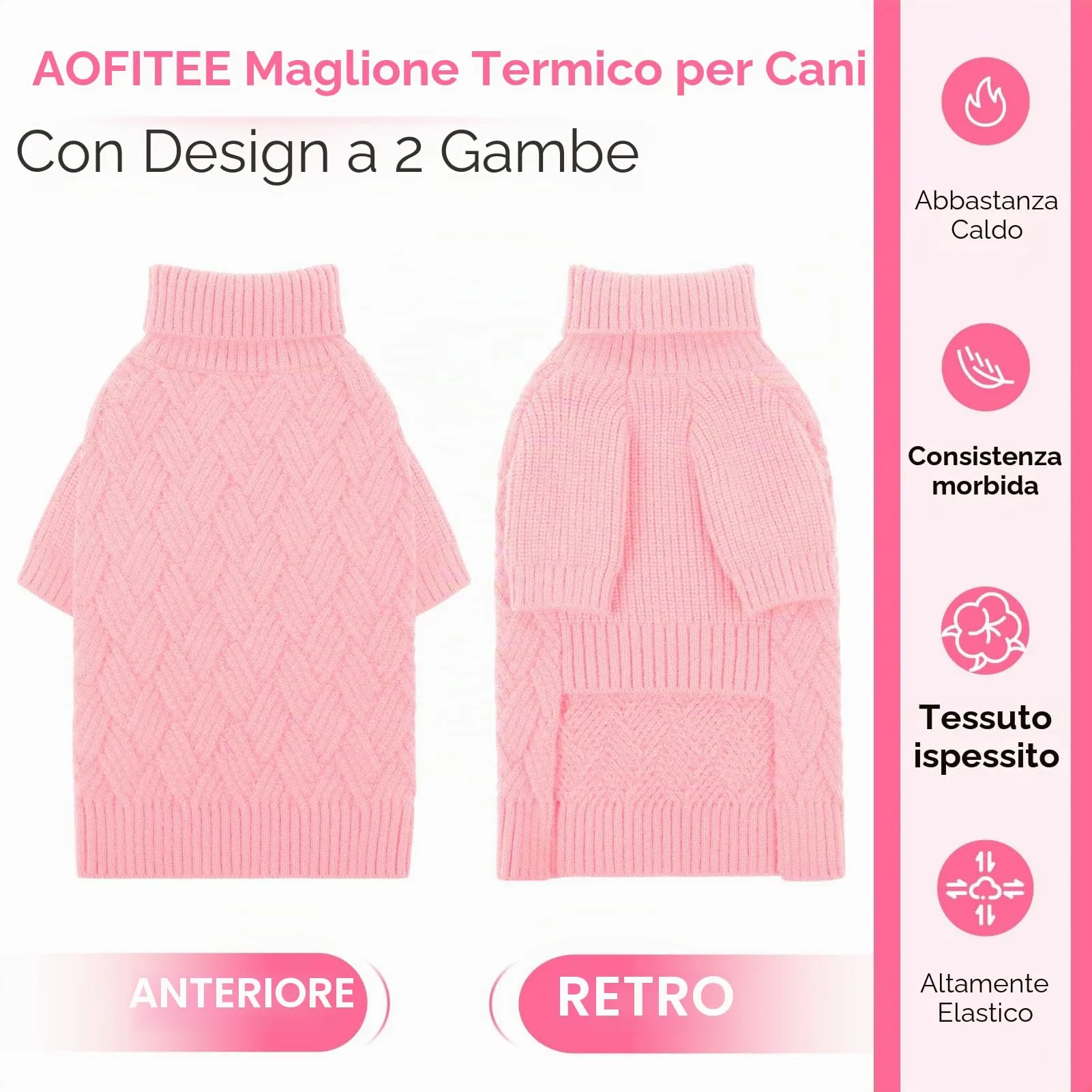 AOFITEE Maglione per Cane Invernale con Collo Alto, Rosa, XS - immagine 5
