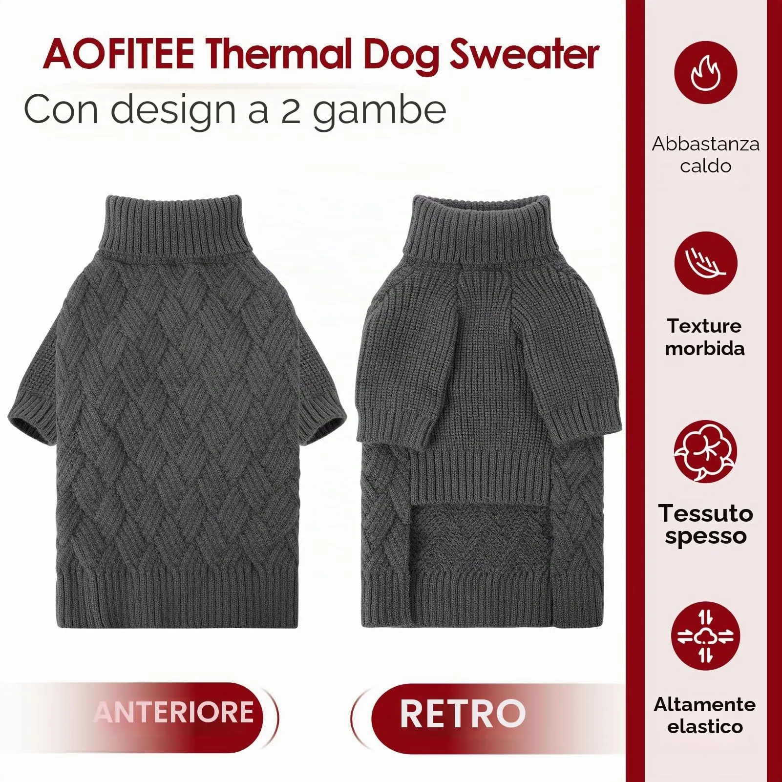 AOFITEE Maglione Invernale per Cani con Collo Alto e Maniche, Grigio, 2XL - immagine 5