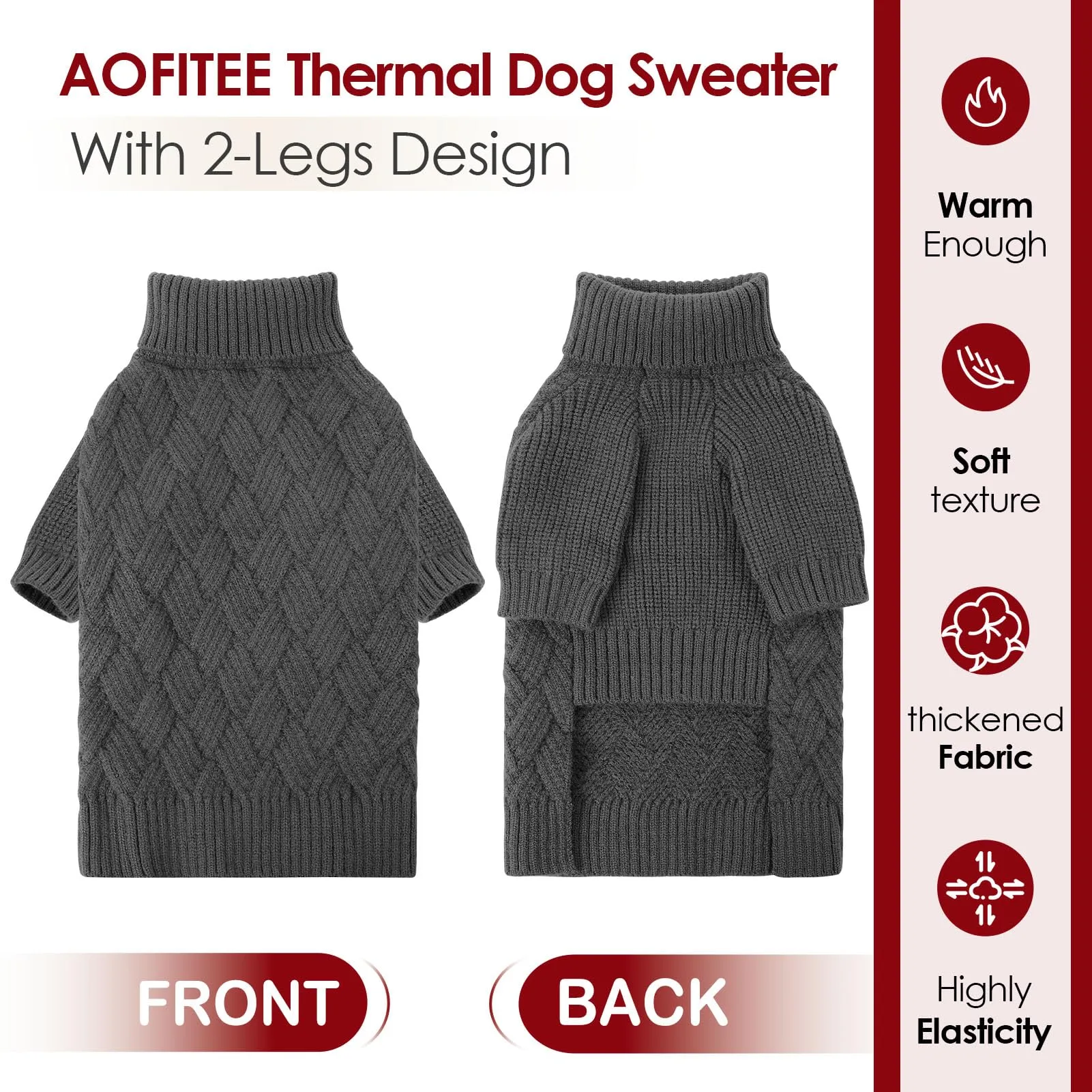 AOFITEE Maglione Invernale per Cani con Collo Alto e Maniche, Grigio, L - immagine 5