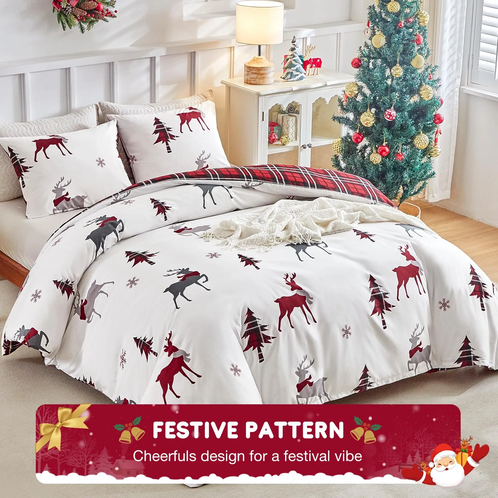 Tokokimo Set Copripiumino Matrimoniale 3 Pezzi in Microfibra, 240x220 cm, con 2 Federe 50x80, Motivo Renna Natale - immagine 2