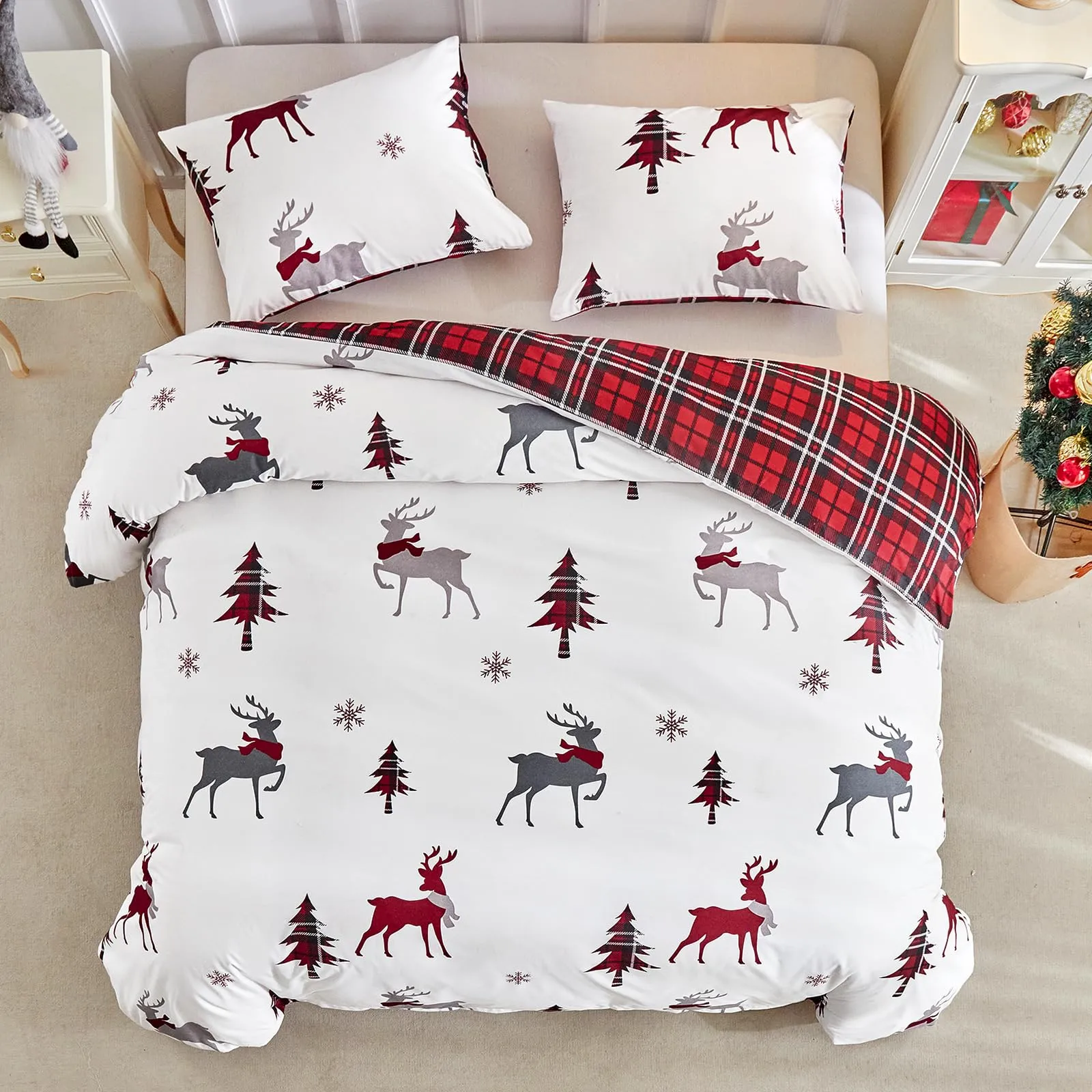 Tokokimo Set Copripiumino Matrimoniale 3 Pezzi in Microfibra, 240x220 cm, con 2 Federe 50x80, Motivo Renna Natale - immagine 3