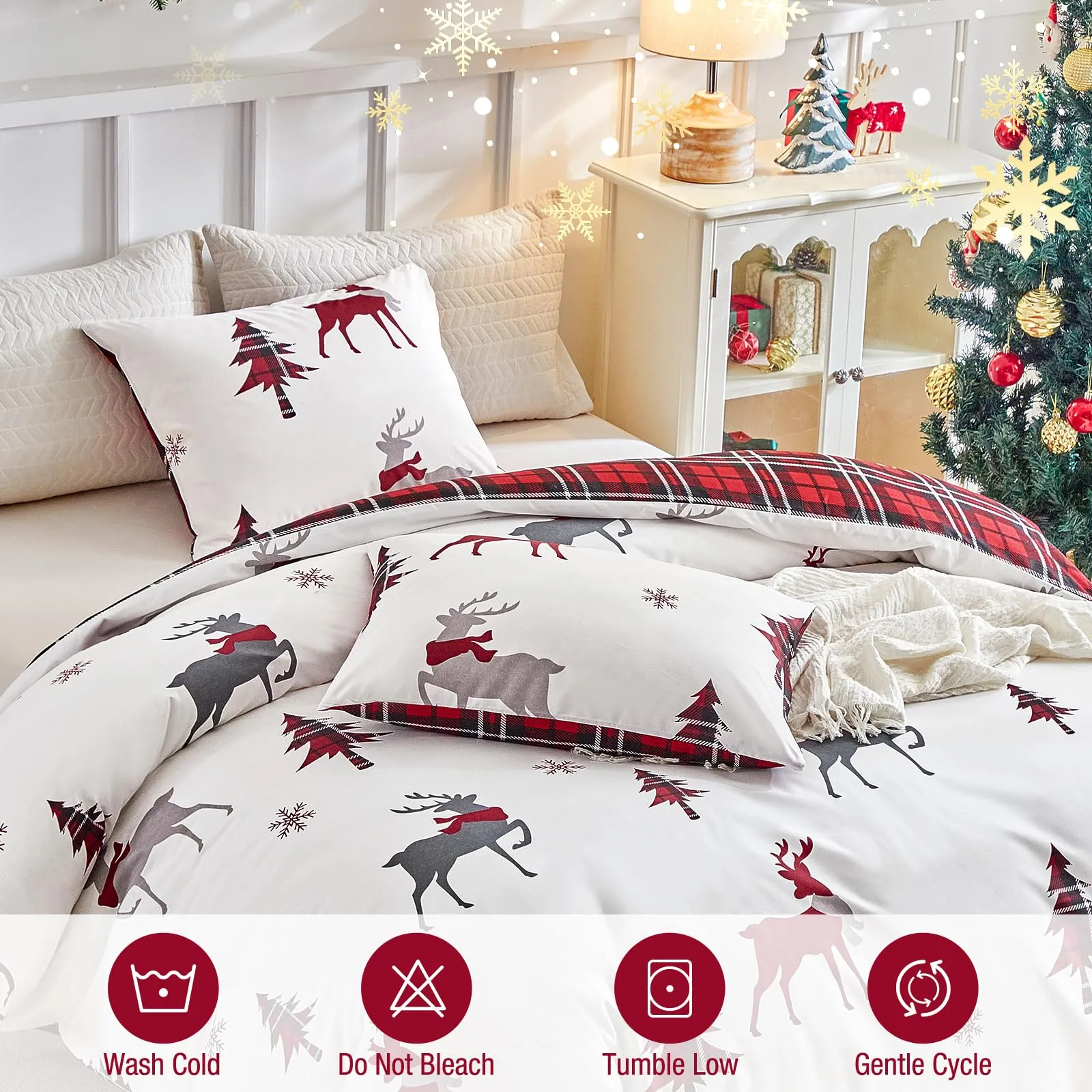 Tokokimo Set Copripiumino Matrimoniale 3 Pezzi in Microfibra, 240x220 cm, con 2 Federe 50x80, Motivo Renna Natale - immagine 6