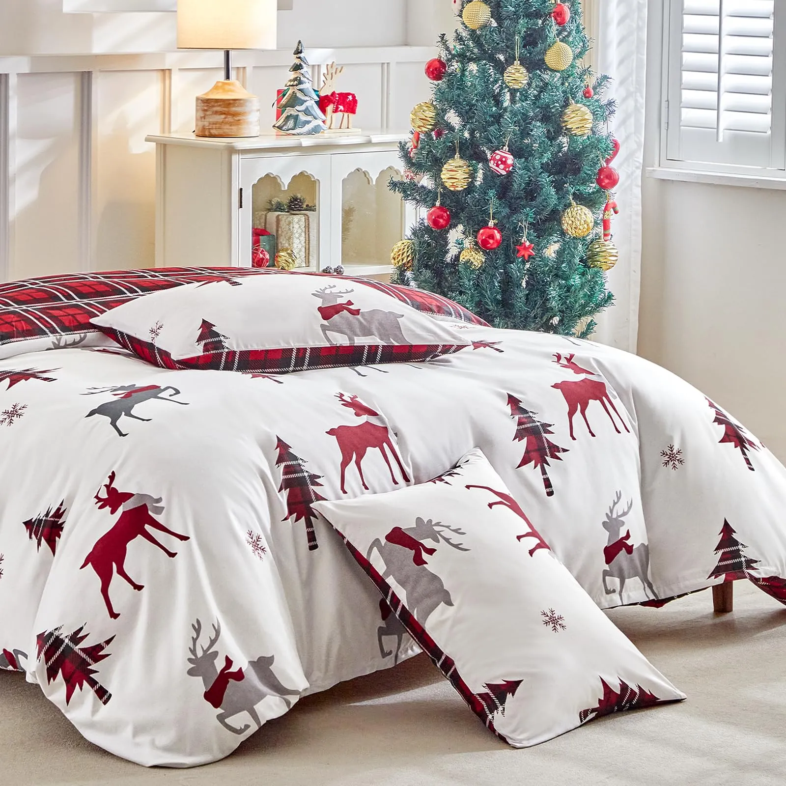 Tokokimo Set Copripiumino Matrimoniale 3 Pezzi in Microfibra, 240x220 cm, con 2 Federe 50x80, Motivo Renna Natale - immagine 8