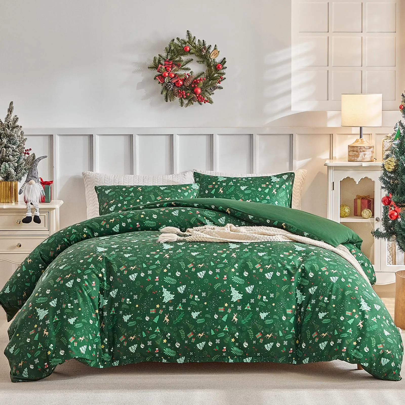 Tokokimo Set Copripiumino Matrimoniale Natale 3 Pezzi in Microfibra, 240x220 cm, Verde - immagine 1