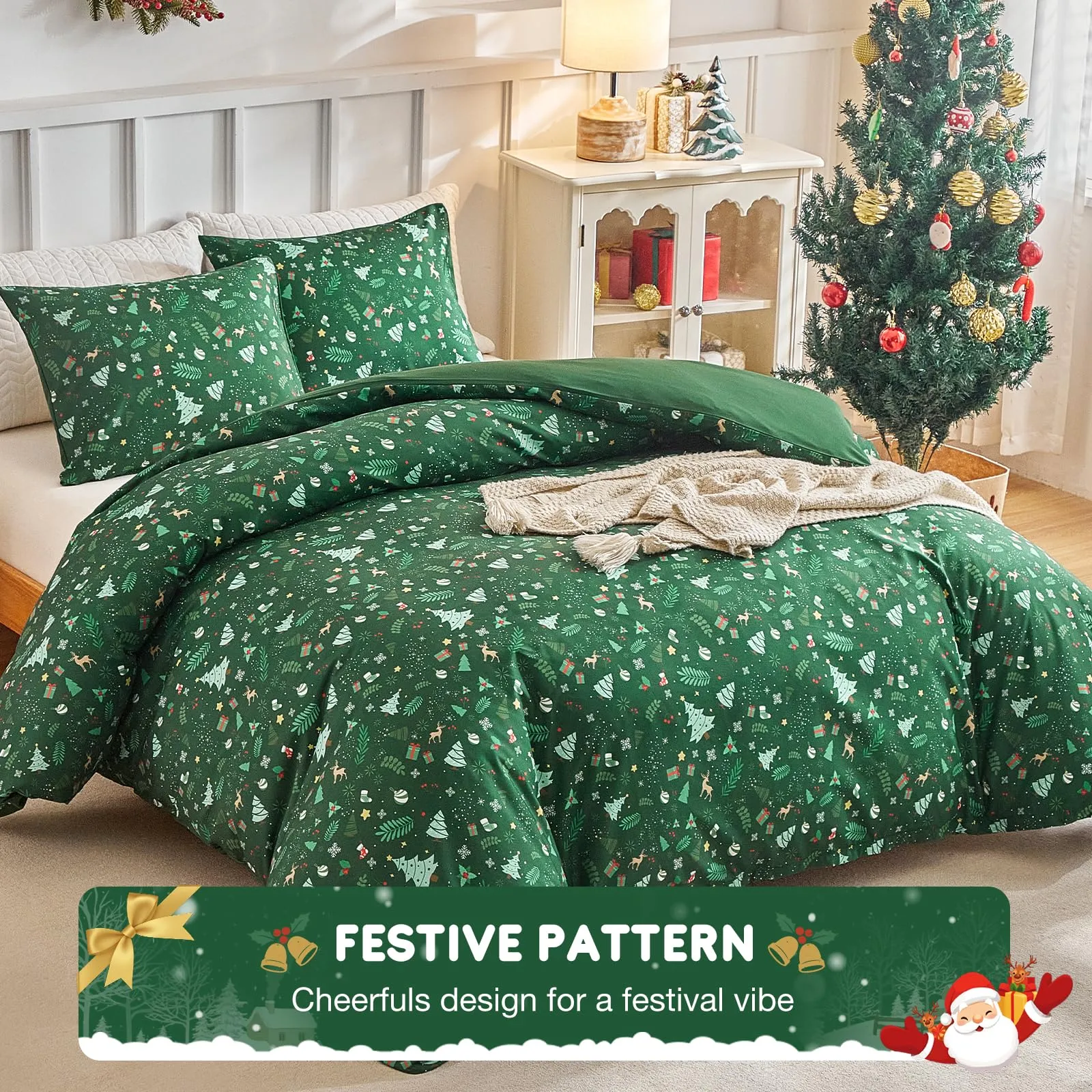 Tokokimo Set Copripiumino Matrimoniale Natale 3 Pezzi in Microfibra, 240x220 cm, Verde - immagine 2