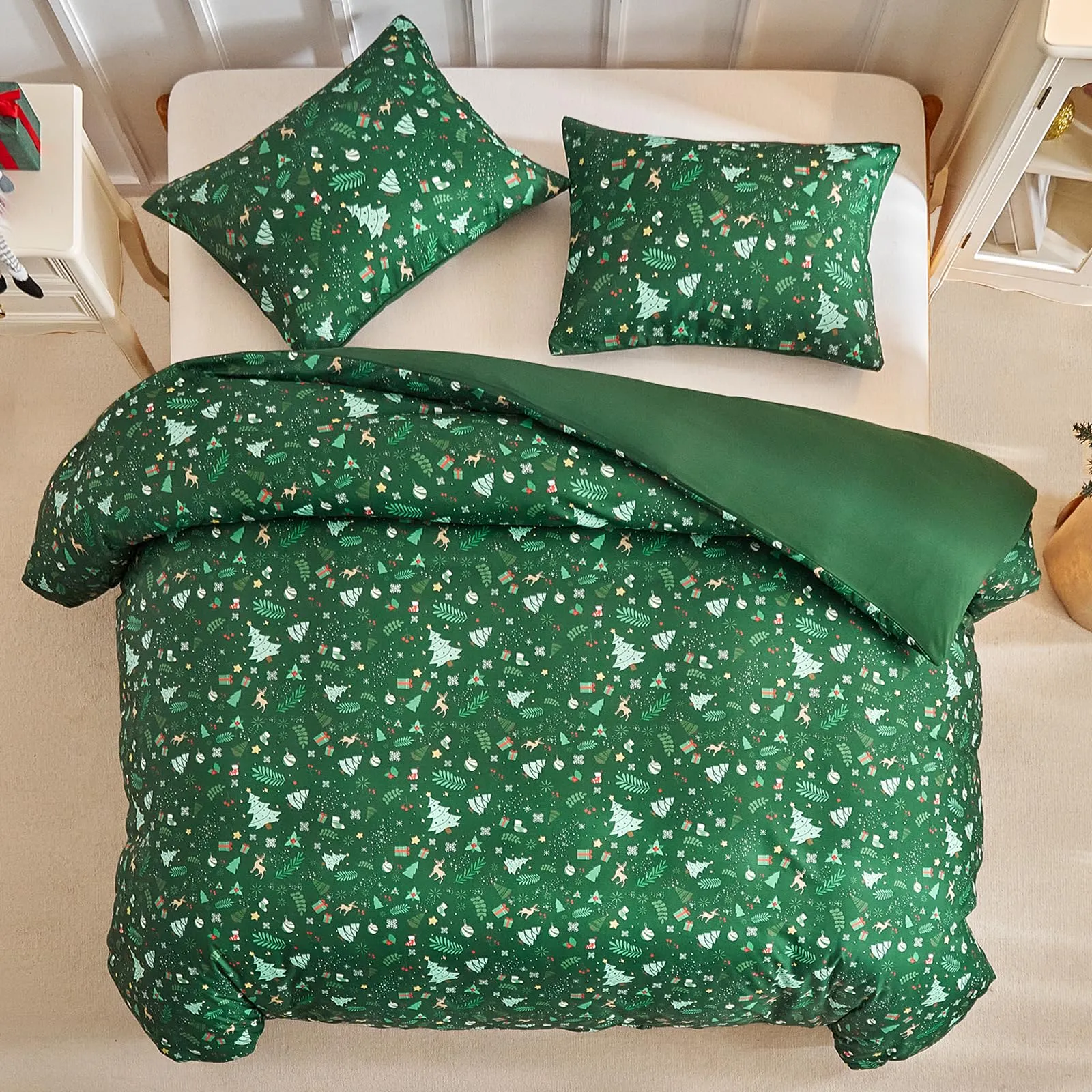 Tokokimo Set Copripiumino Matrimoniale Natale 3 Pezzi in Microfibra, 240x220 cm, Verde - immagine 3