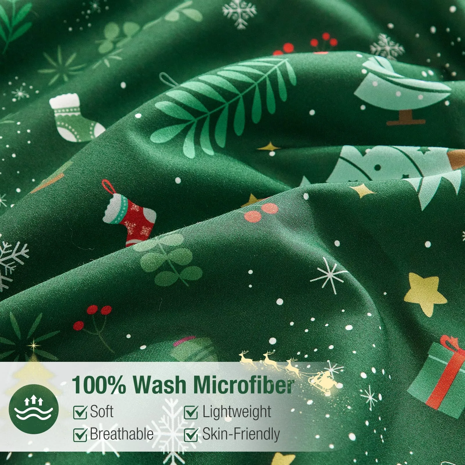 Tokokimo Set Copripiumino Matrimoniale Natale 3 Pezzi in Microfibra, 240x220 cm, Verde - immagine 5