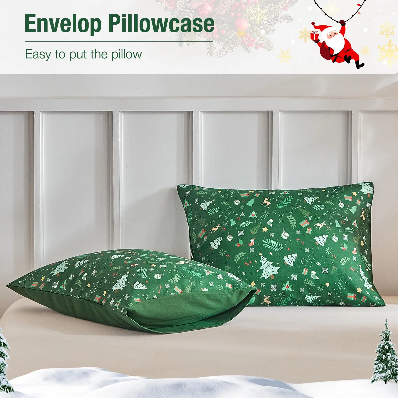 Tokokimo Set Copripiumino Matrimoniale Natale 3 Pezzi in Microfibra, 240x220 cm, Verde - immagine 6