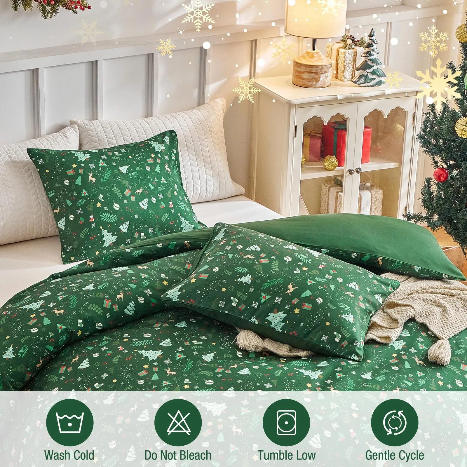 Tokokimo Set Copripiumino Matrimoniale Natale 3 Pezzi in Microfibra, 240x220 cm, Verde - immagine 7