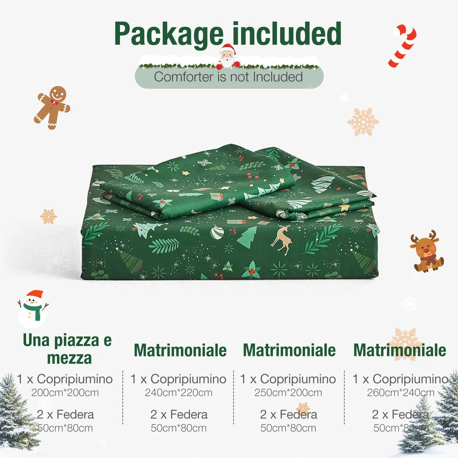 Tokokimo Set Copripiumino Matrimoniale Natale 3 Pezzi in Microfibra, 240x220 cm, Verde - immagine 8