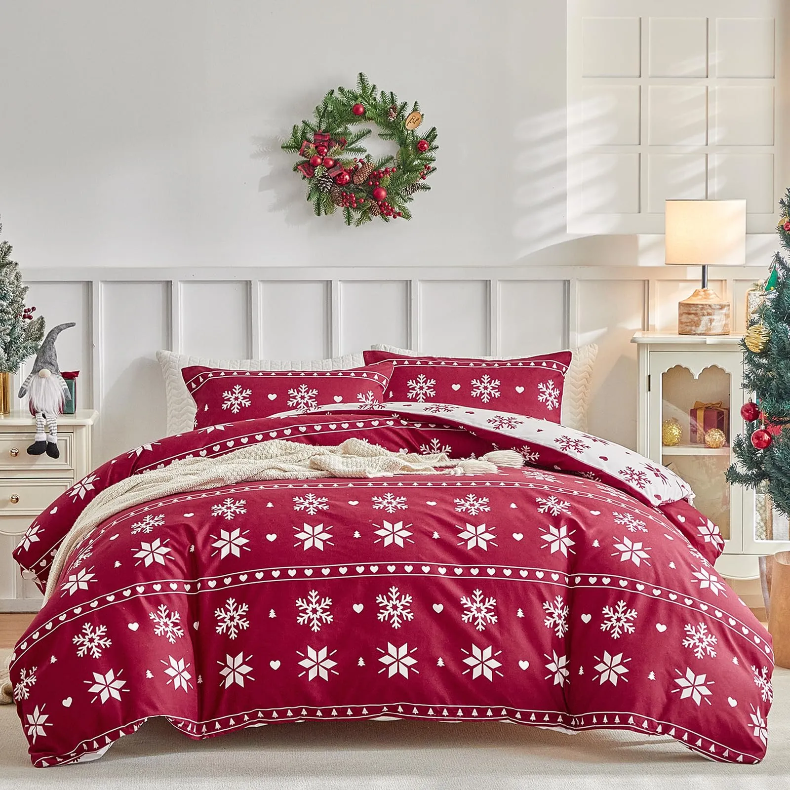 Tokokimo Set Copripiumino Matrimoniale Natale, 3 Pezzi, 260x240 cm, Motivo Fiocco di Neve, include 1 Copripiumino e 2 Federe 50x80 cm - immagine 1