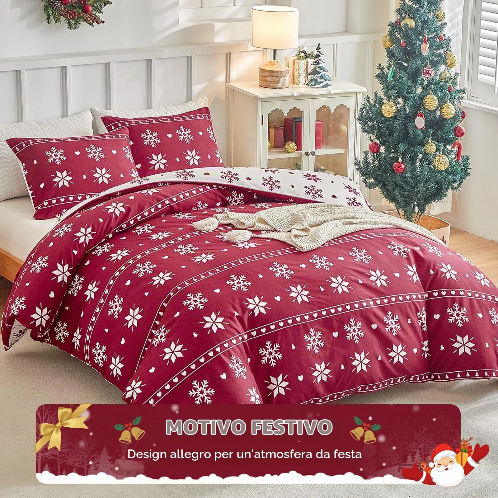 Tokokimo Set Copripiumino Matrimoniale Natale, 3 Pezzi, 260x240 cm, Motivo Fiocco di Neve, include 1 Copripiumino e 2 Federe 50x80 cm - immagine 2
