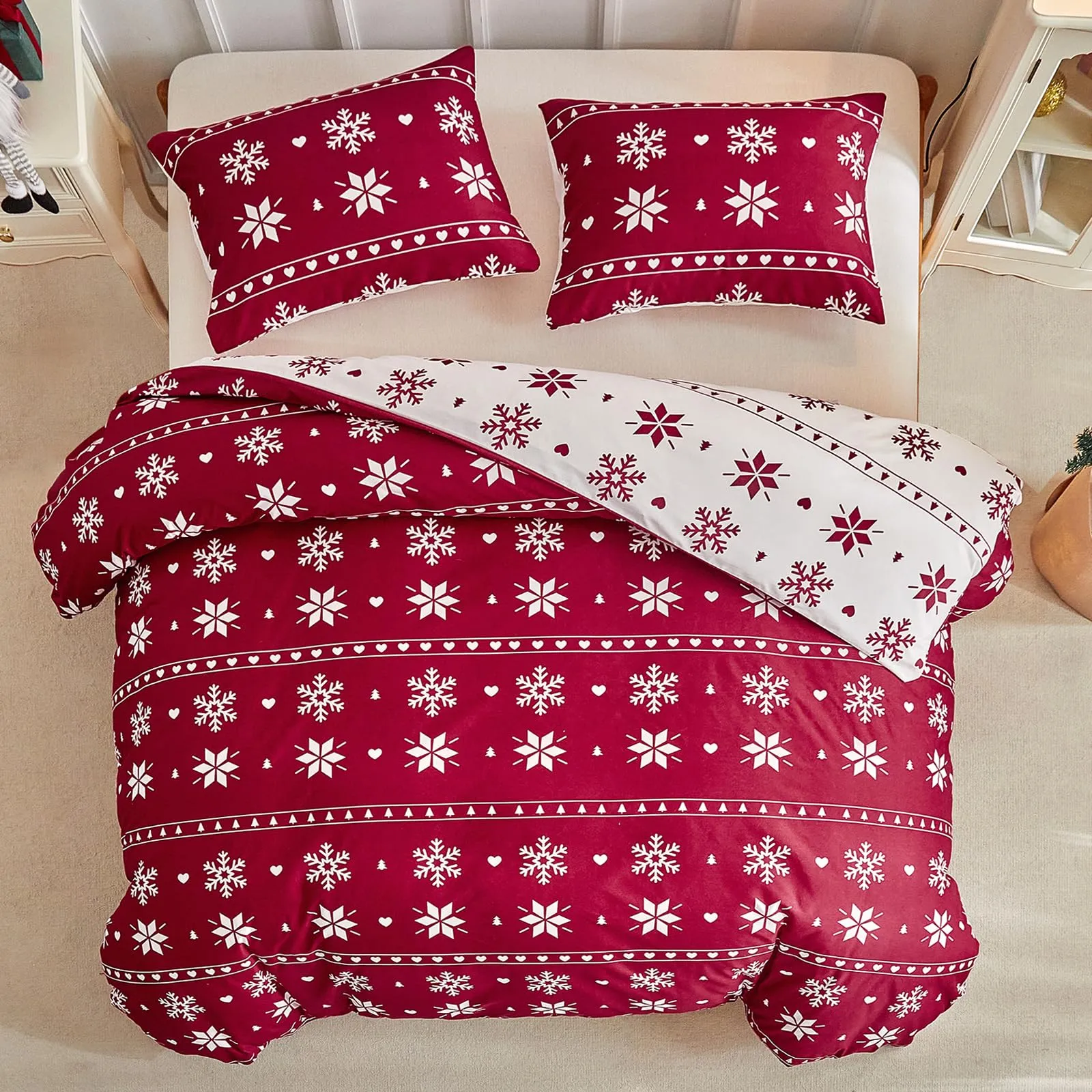 Tokokimo Set Copripiumino Matrimoniale Natale, 3 Pezzi, 260x240 cm, Motivo Fiocco di Neve, include 1 Copripiumino e 2 Federe 50x80 cm - immagine 3