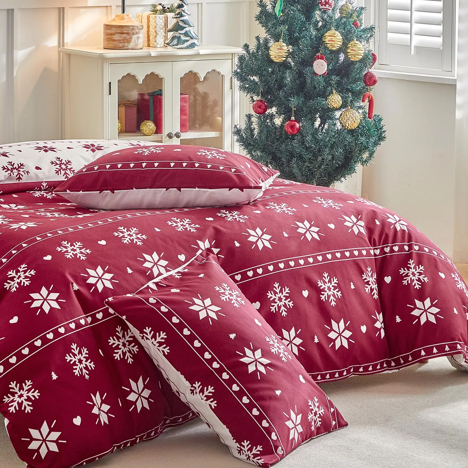 Tokokimo Set Copripiumino Matrimoniale Natale, 3 Pezzi, 260x240 cm, Motivo Fiocco di Neve, include 1 Copripiumino e 2 Federe 50x80 cm - immagine 7