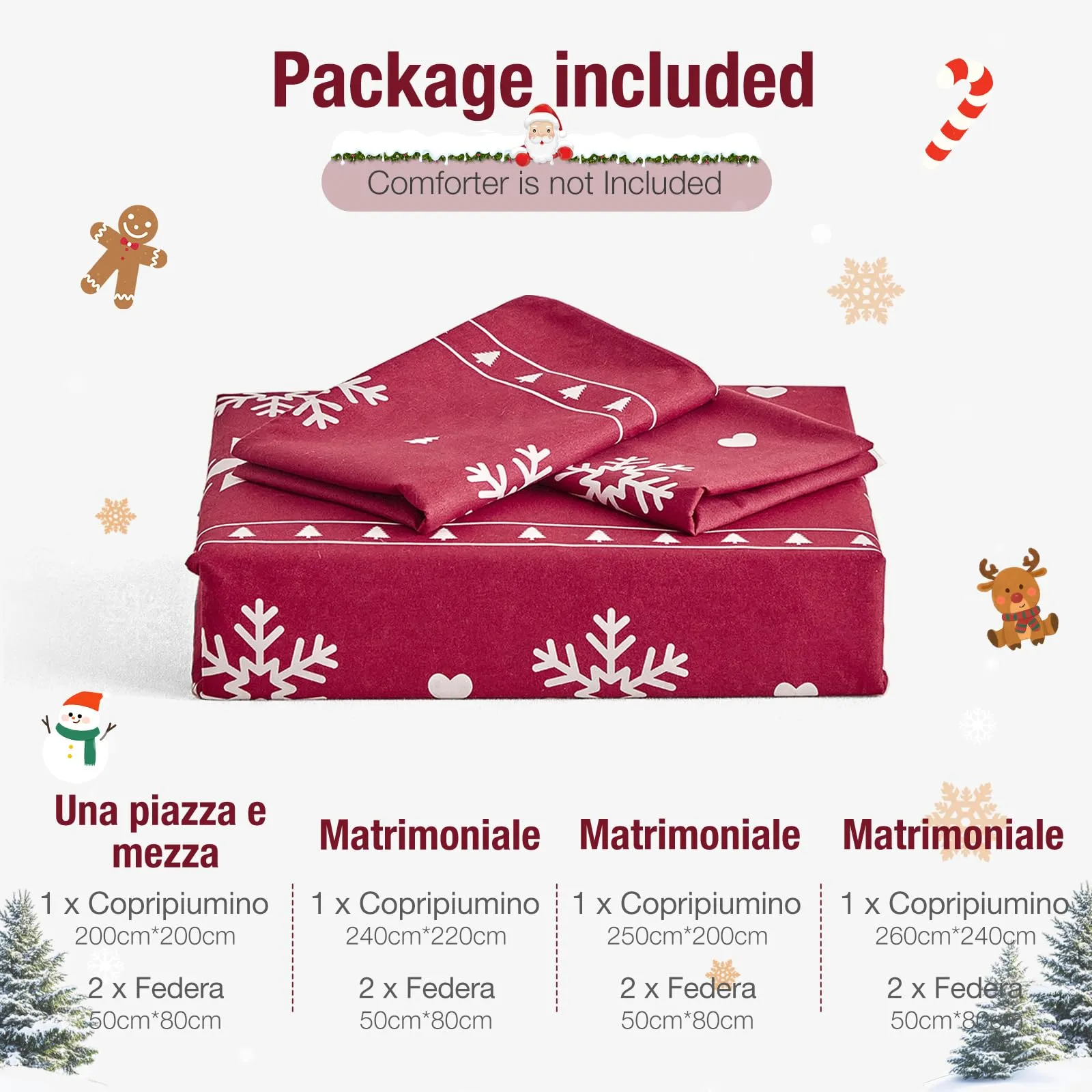 Tokokimo Set Copripiumino Matrimoniale Natale, 3 Pezzi, 260x240 cm, Motivo Fiocco di Neve, include 1 Copripiumino e 2 Federe 50x80 cm - immagine 8