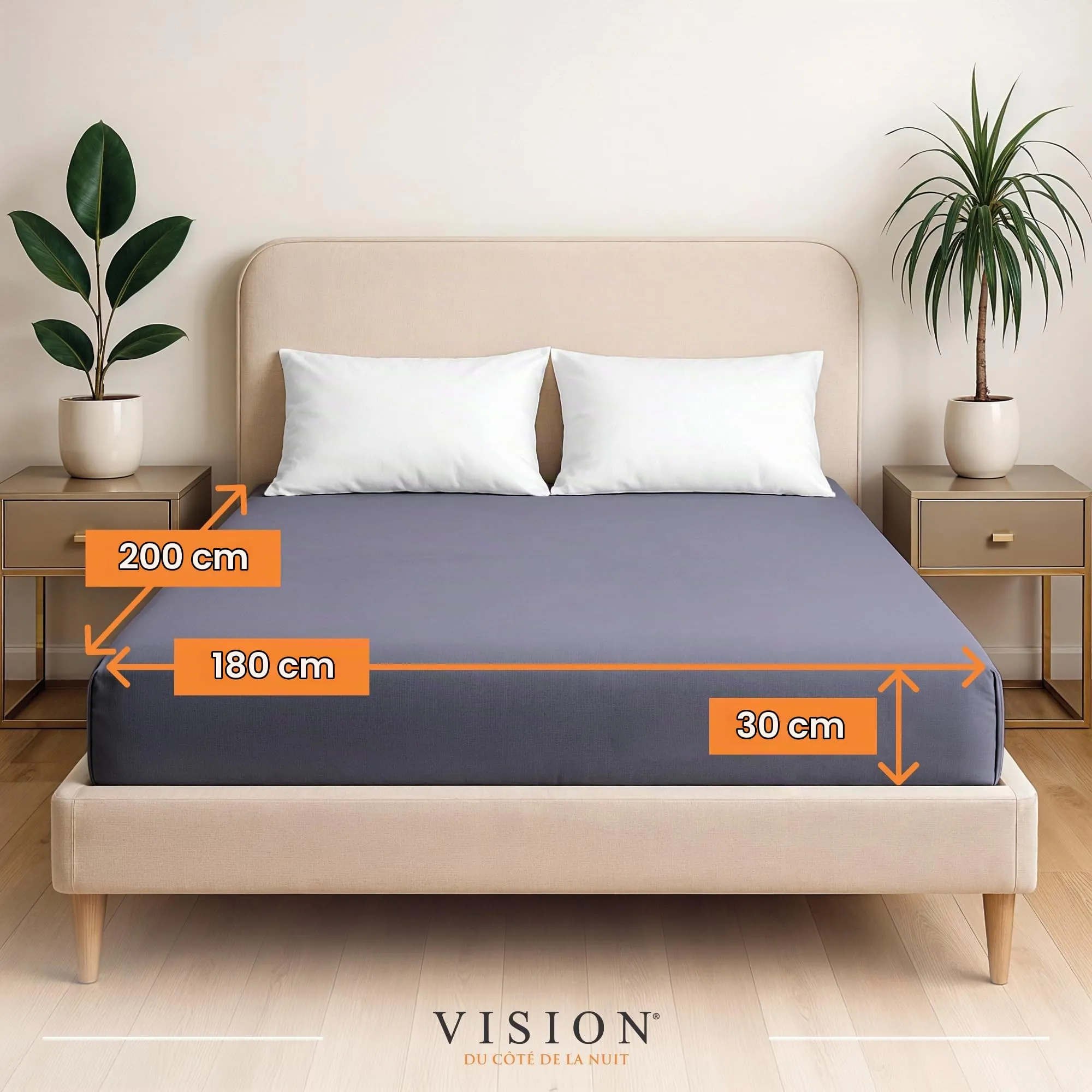 VISION Lenzuolo con angoli 100% cotone per letto matrimoniale 180 x 200 cm, Grigio - immagine 2