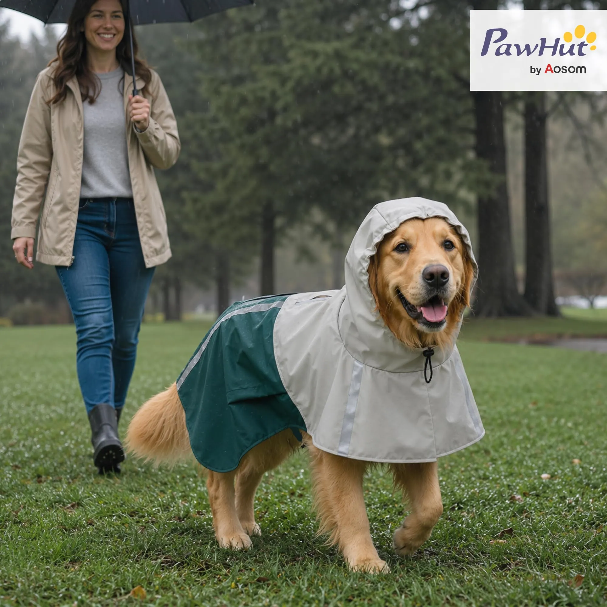 PawHut Impermeabile per Cani Taglia Grande 20-30kg con Cappuccio, Verde - immagine 2