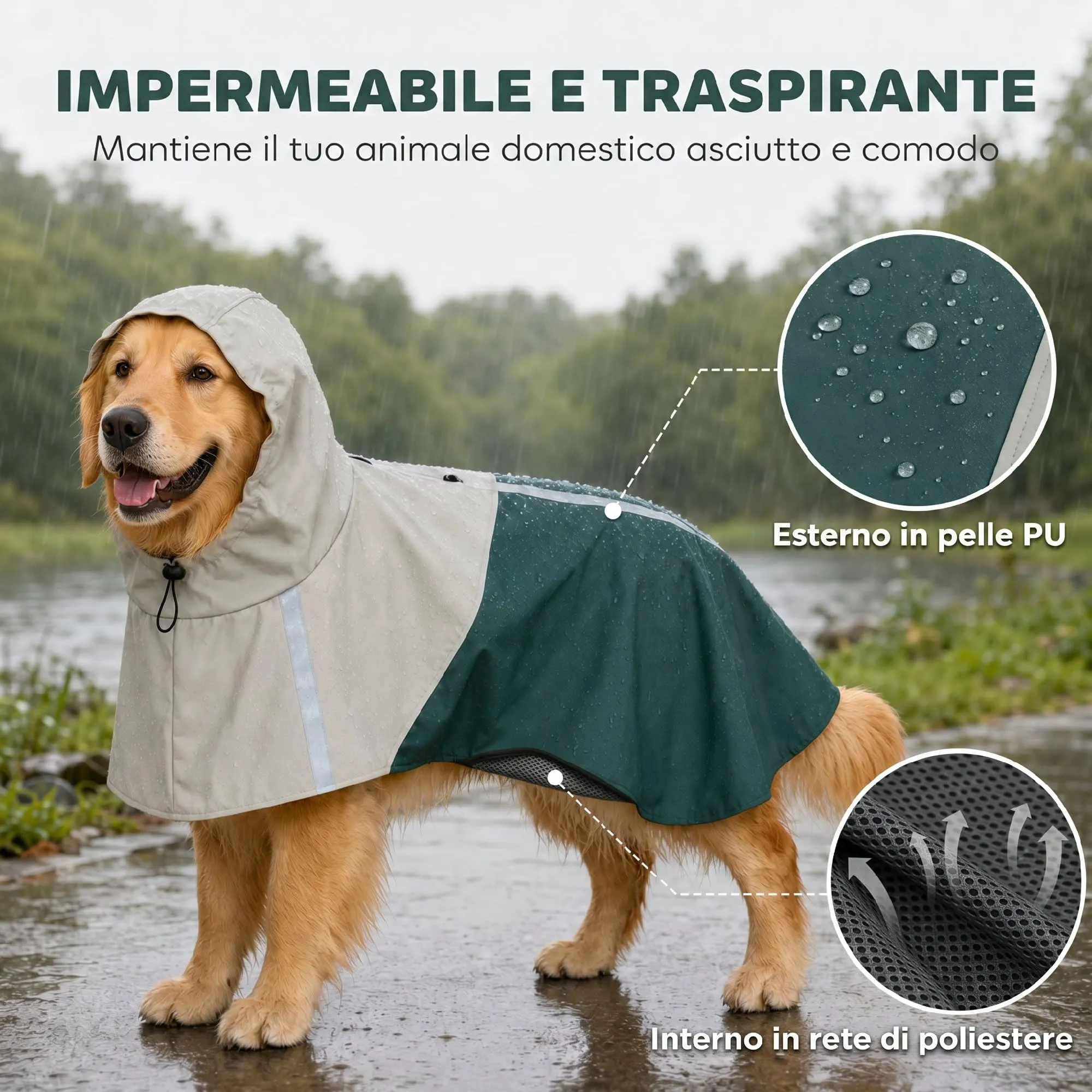 PawHut Impermeabile per Cani Taglia Grande 20-30kg con Cappuccio, Verde - immagine 3
