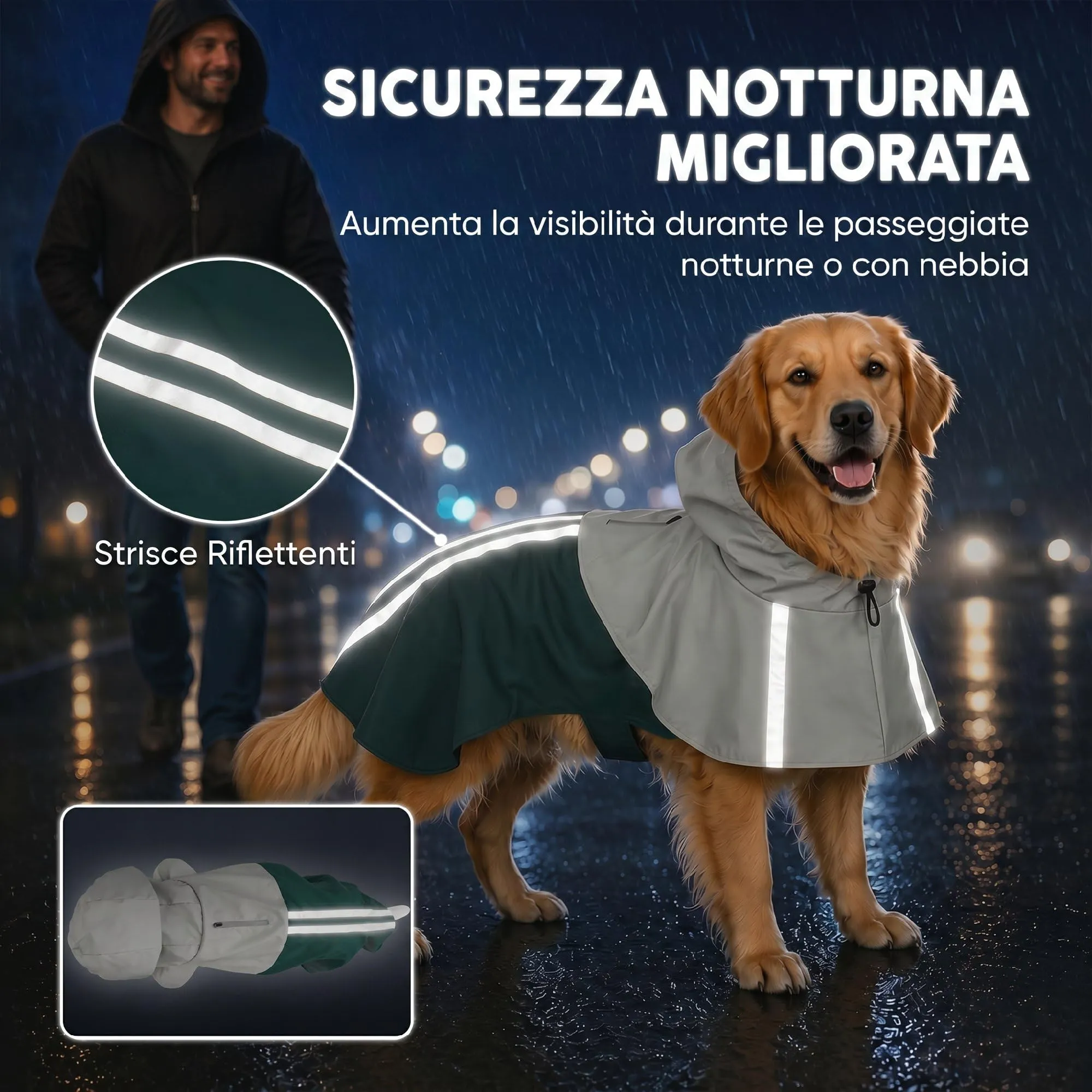 PawHut Impermeabile per Cani Taglia Grande 20-30kg con Cappuccio, Verde - immagine 4