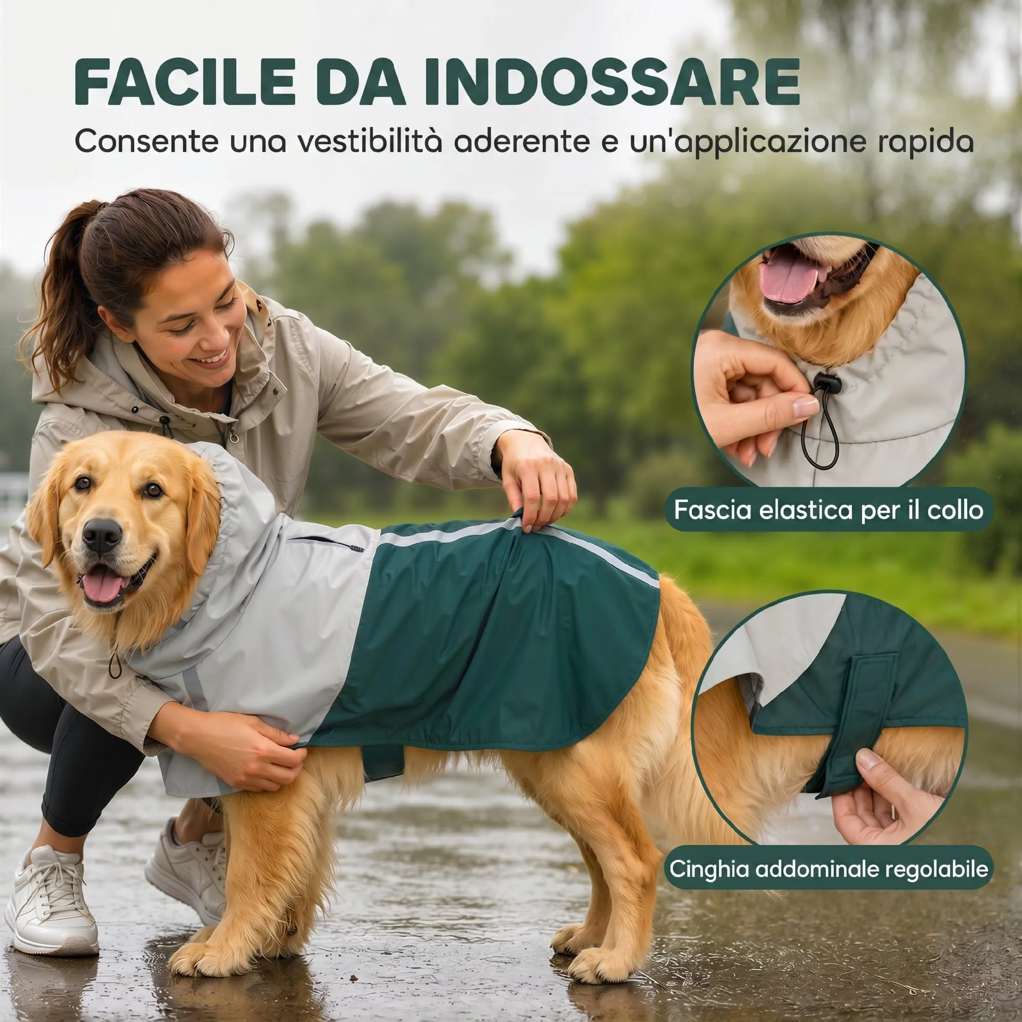 PawHut Impermeabile per Cani Taglia Grande 20-30kg con Cappuccio, Verde - immagine 5