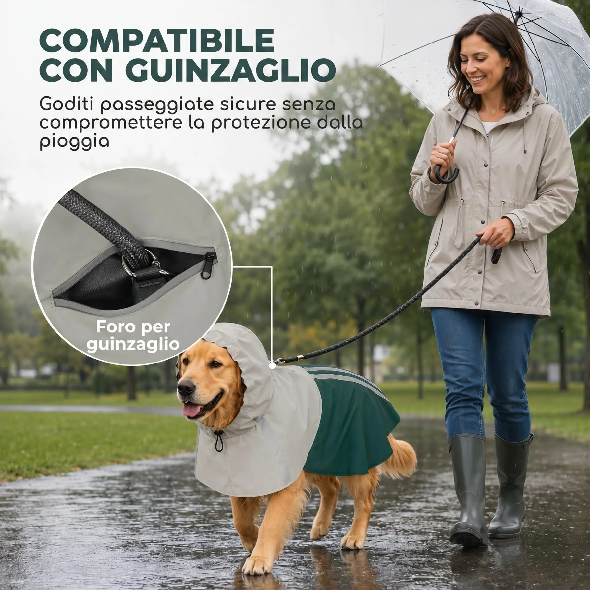 PawHut Impermeabile per Cani Taglia Grande 20-30kg con Cappuccio, Verde - immagine 6