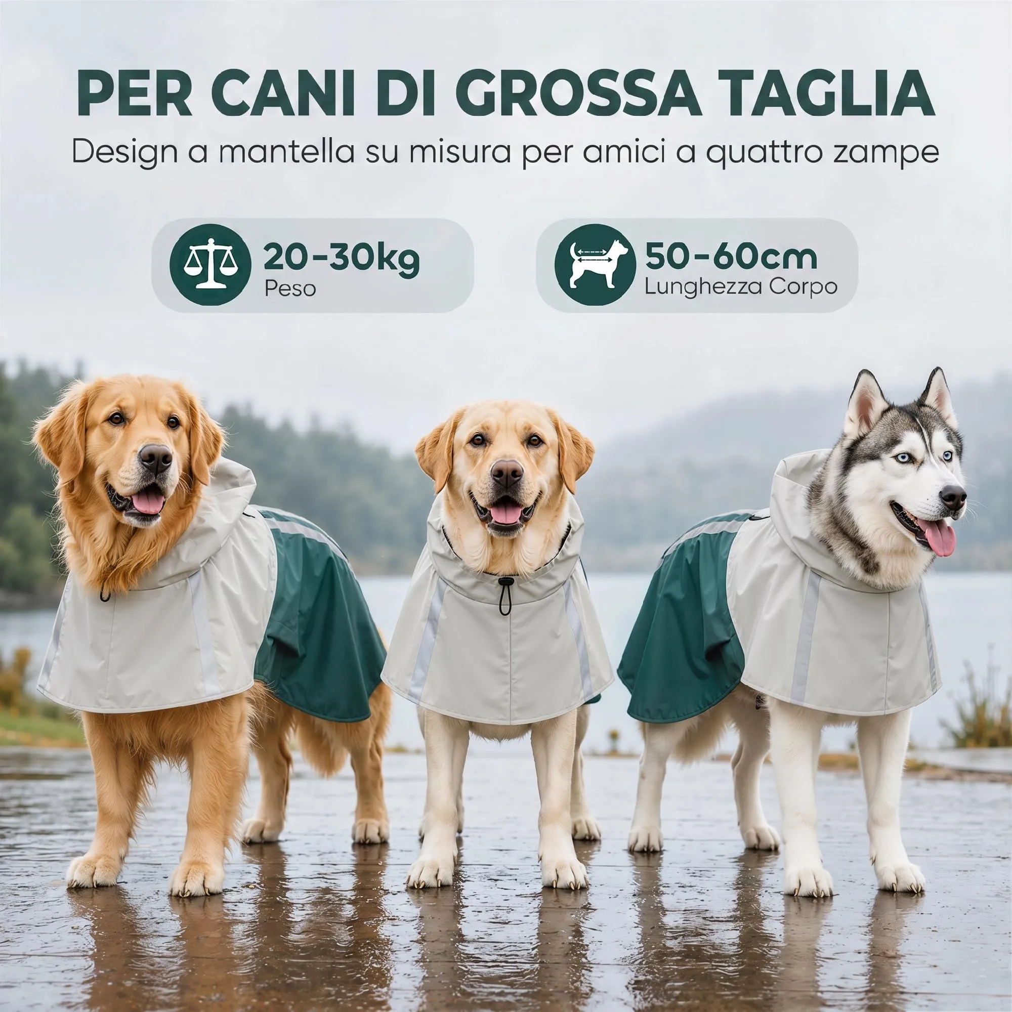 PawHut Impermeabile per Cani Taglia Grande 20-30kg con Cappuccio, Verde - immagine 7