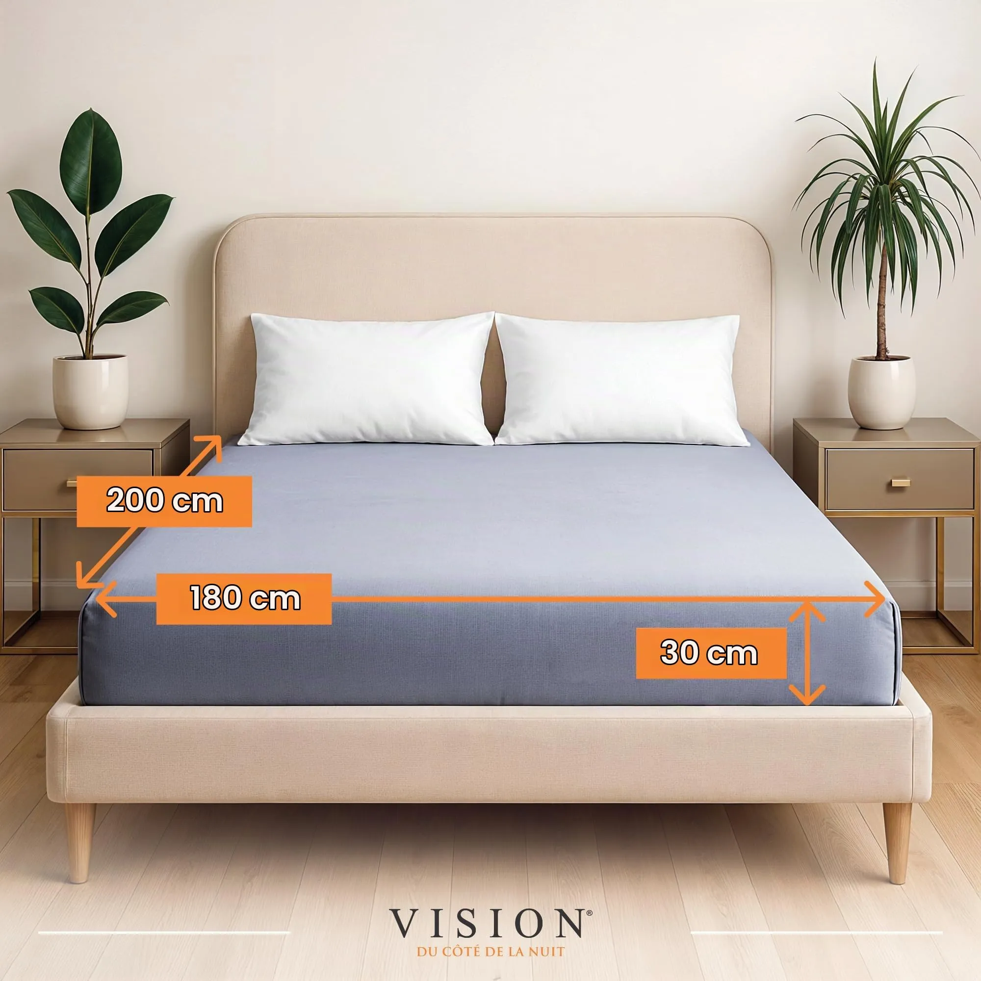 VISION Lenzuolo con angoli in cotone per letto matrimoniale, 180 x 200 cm, grigio perla - immagine 2