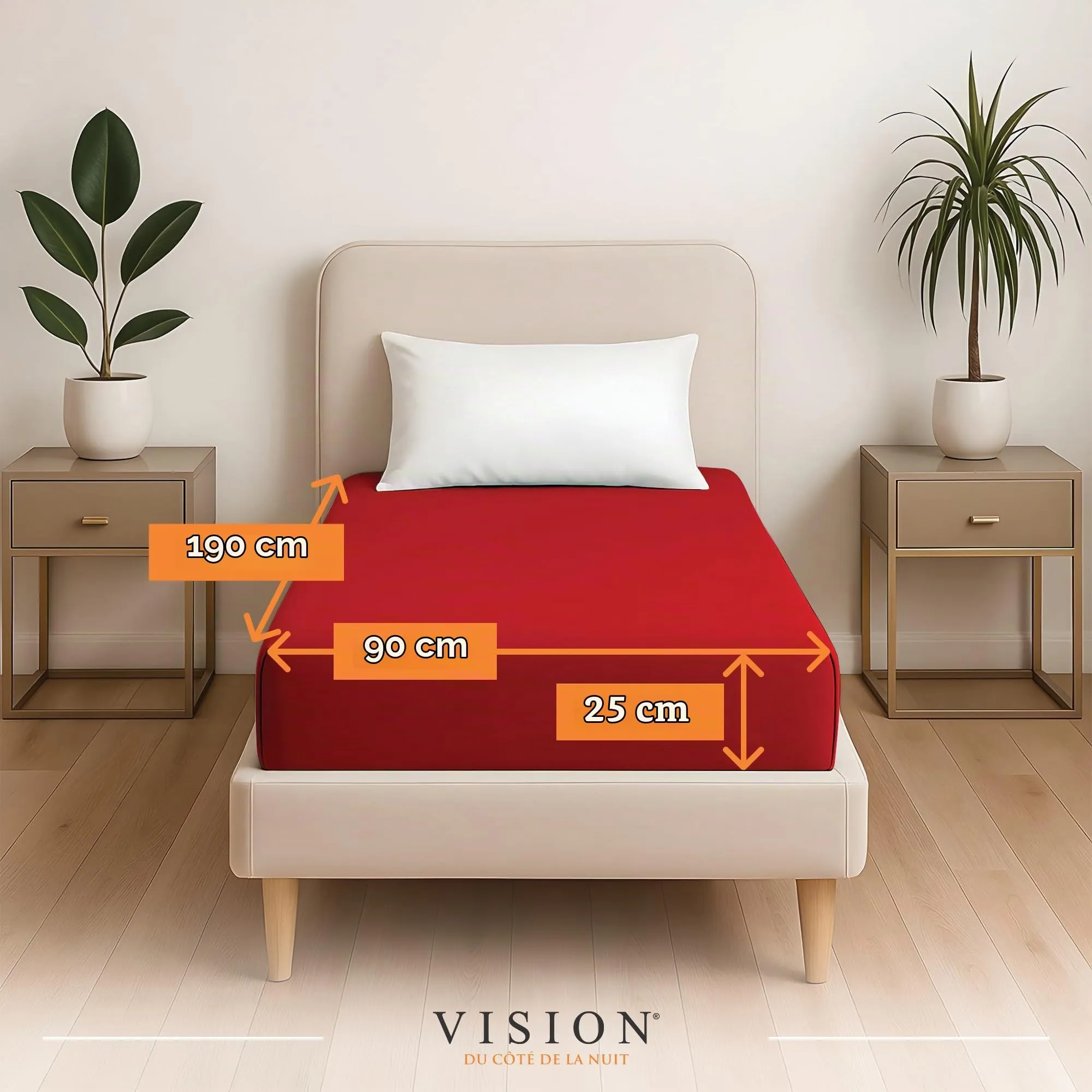 VISION Lenzuolo con angoli 100% cotone, Letto singolo 90 x 190 cm, Rosso - immagine 2