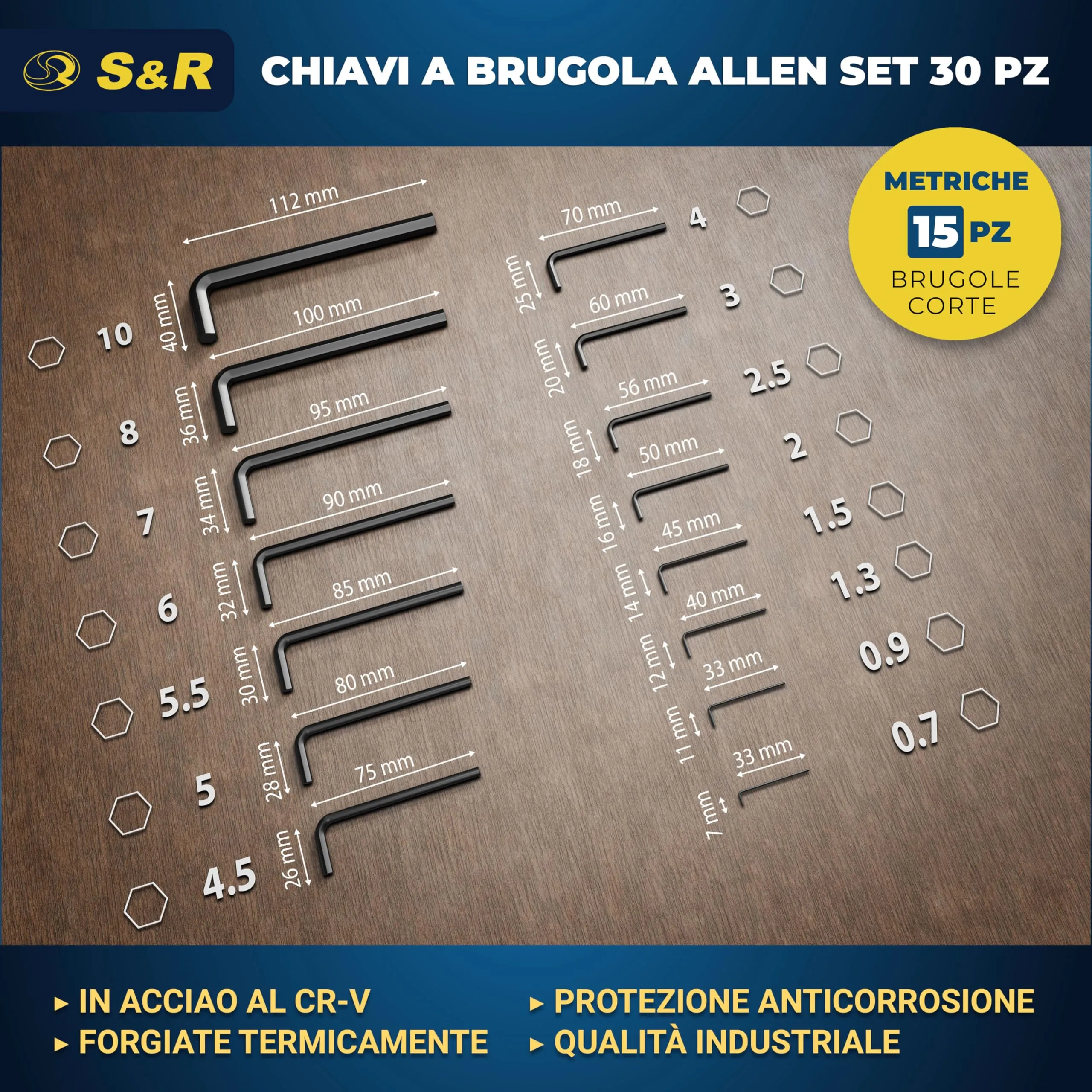 S&R Set di 30 Chiavi a Brugola Esagonali Metriche e in Pollici, Lunghe e Corte, da 0,7 a 10mm - immagine 2
