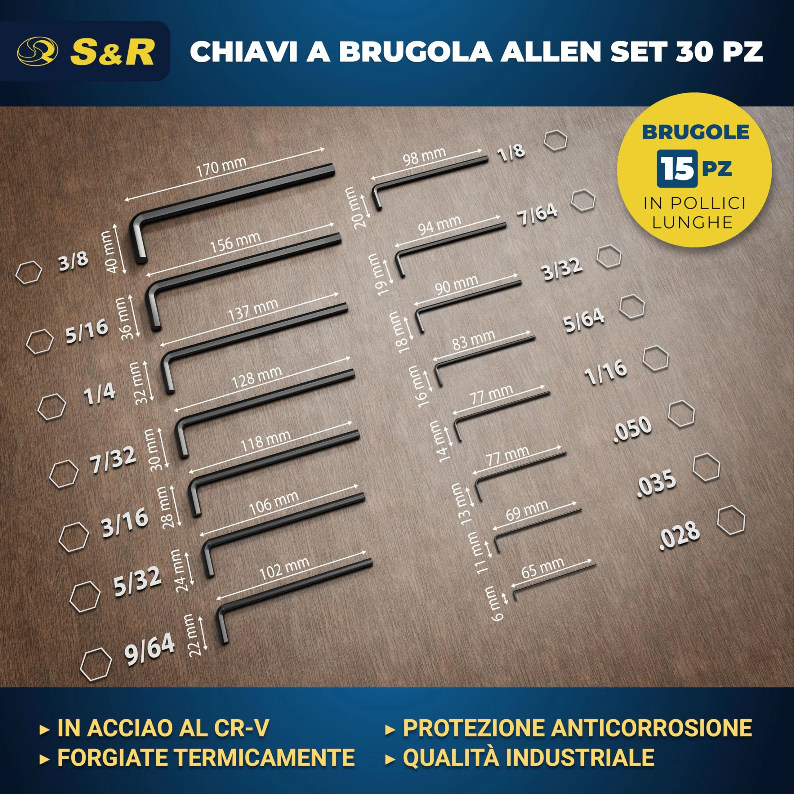 S&R Set di 30 Chiavi a Brugola Esagonali Metriche e in Pollici, Lunghe e Corte, da 0,7 a 10mm - immagine 3