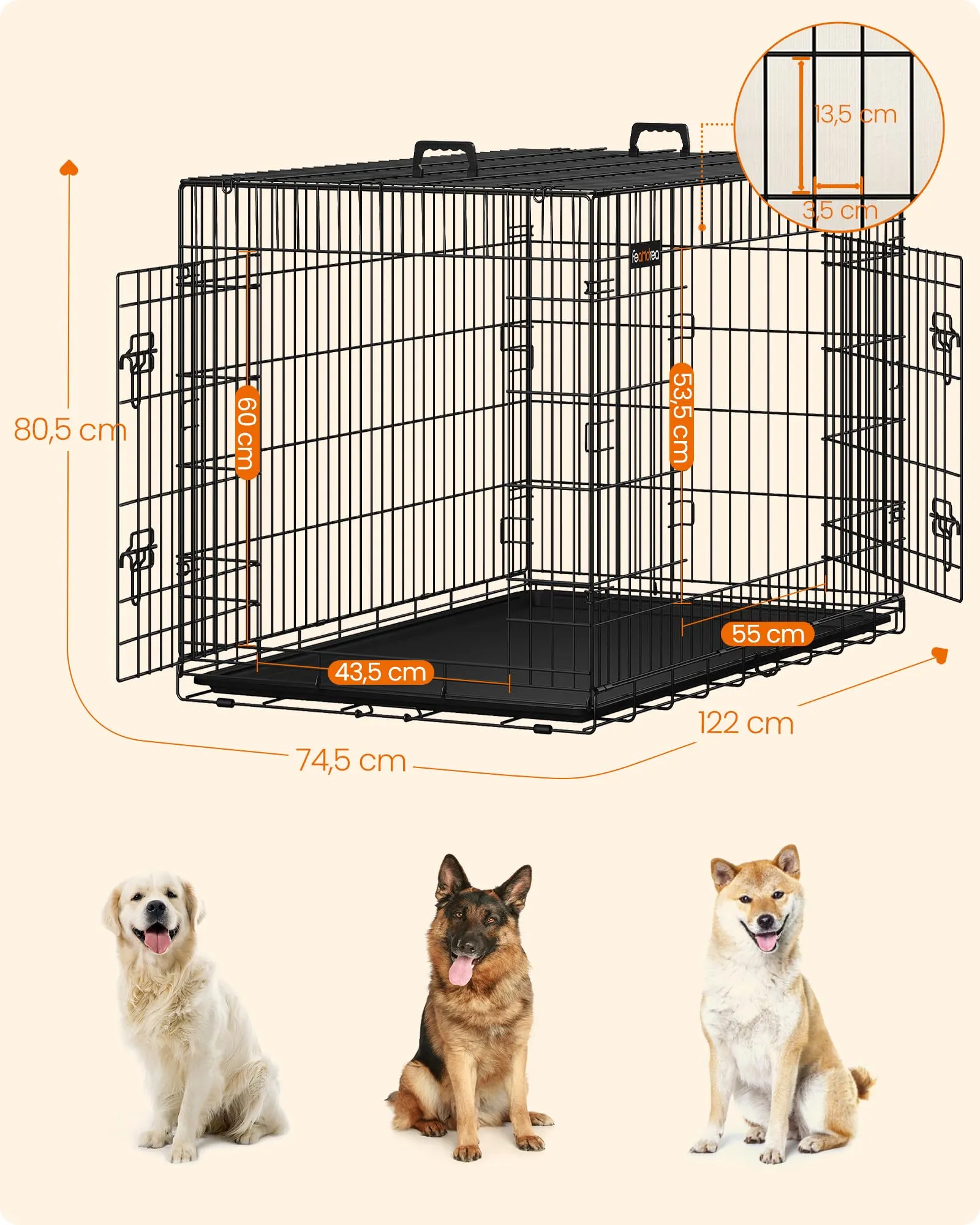 Feandrea Gabbia per Cani Pieghevole, 2 Porte, Vassoio Rimovibile, 122 x 74,5 x 80,5 cm, XXL, Nero PPD48H - immagine 4