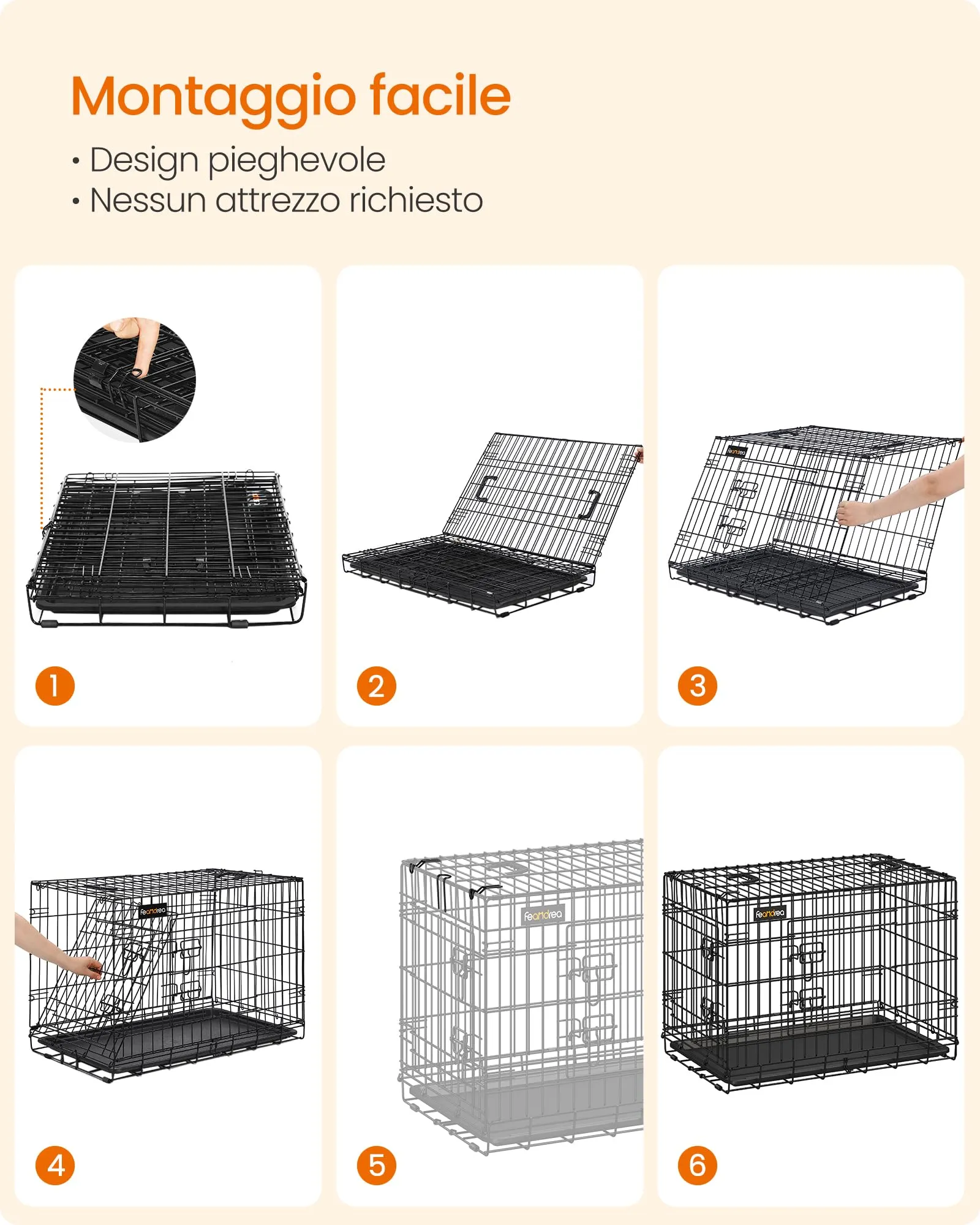 Feandrea Gabbia per Cani Pieghevole, 2 Porte, Vassoio Rimovibile, 122 x 74,5 x 80,5 cm, XXL, Nero PPD48H - immagine 7