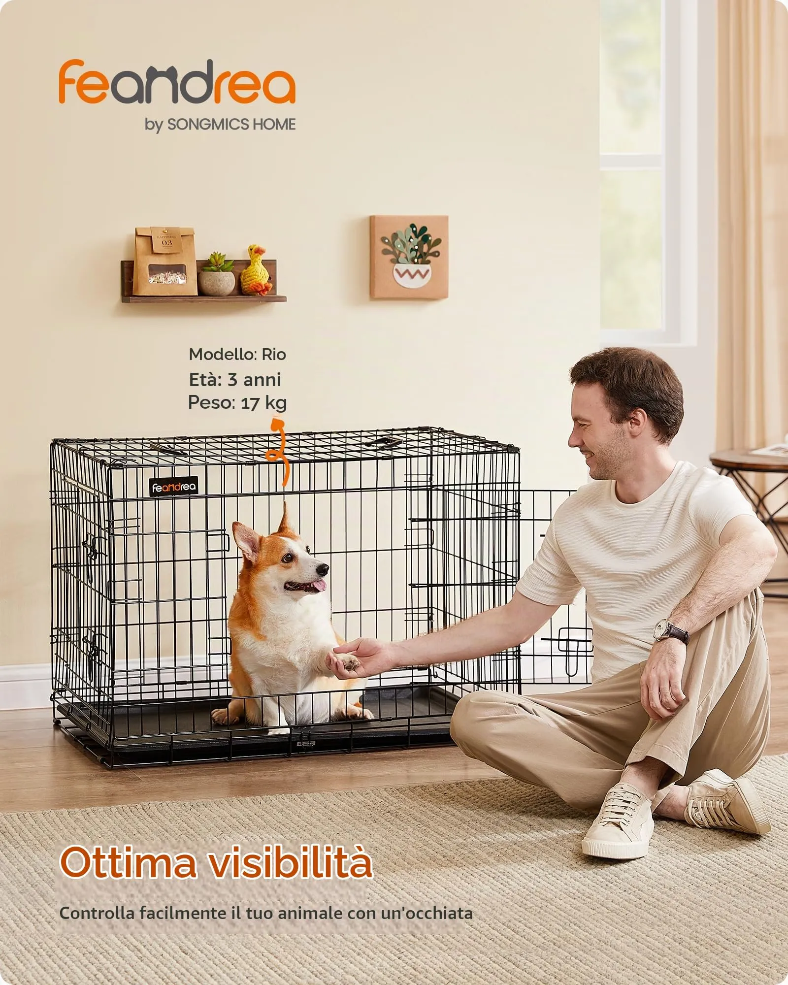 Feandrea Gabbia per Cani Pieghevole con 2 Porte e Vassoio Rimovibile, 92,5 x 57,5 x 64 cm, L, Nero PPD36H - immagine 2