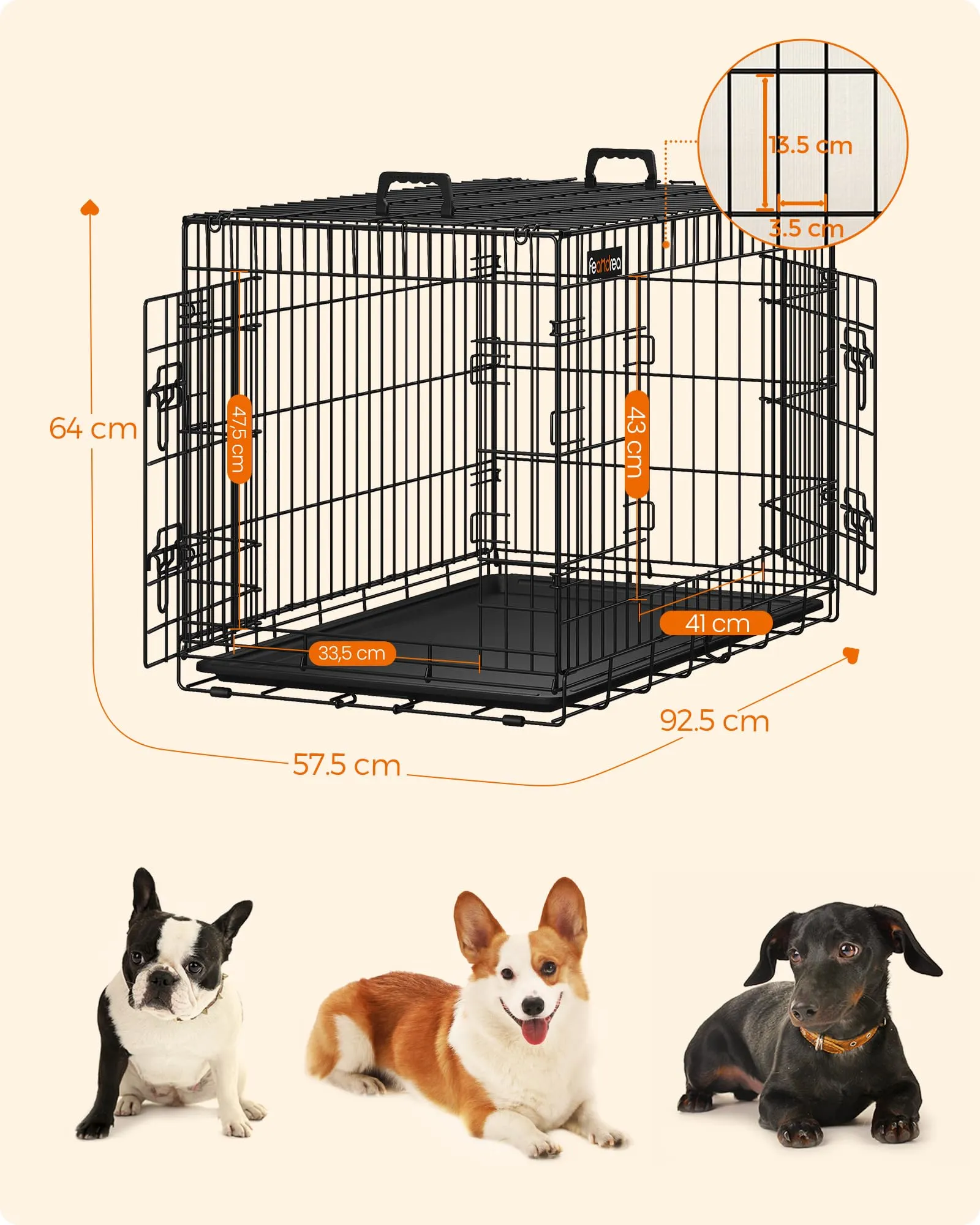 Feandrea Gabbia per Cani Pieghevole con 2 Porte e Vassoio Rimovibile, 92,5 x 57,5 x 64 cm, L, Nero PPD36H - immagine 4