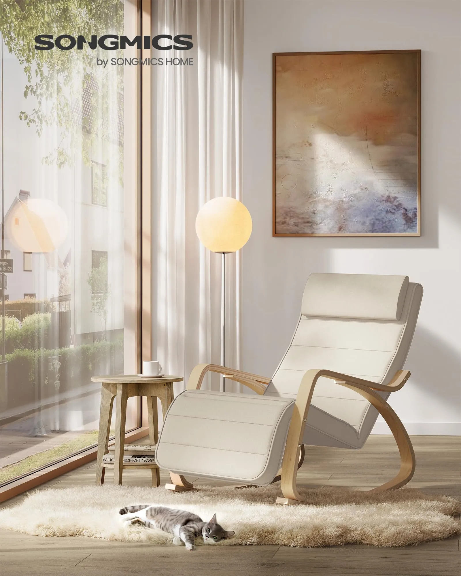 SONGMICS Sedia a Dondolo in Legno di Betulla con Poggiapiedi Regolabile, Beige LYY10M - immagine 2