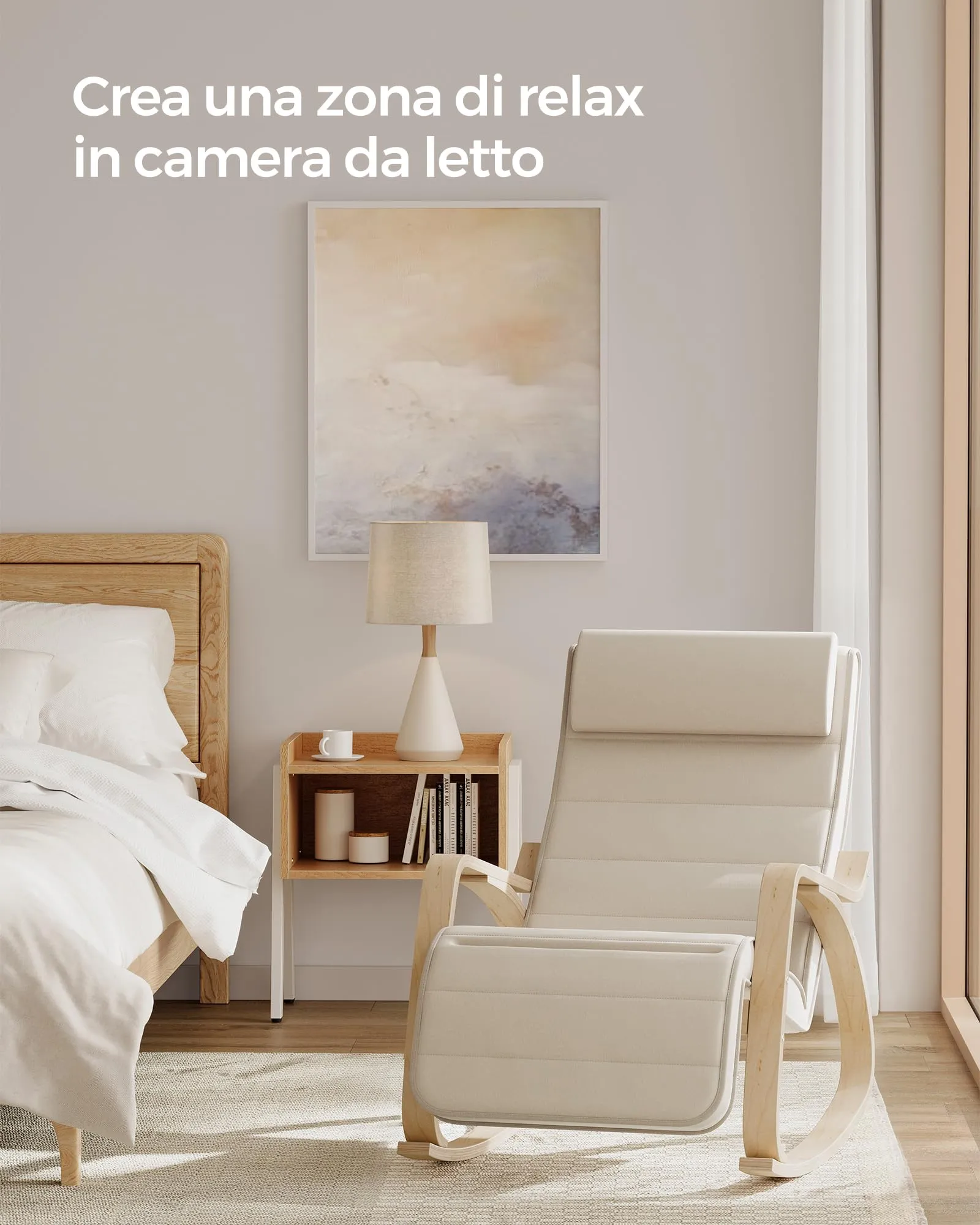 SONGMICS Sedia a Dondolo in Legno di Betulla con Poggiapiedi Regolabile, Beige LYY10M - immagine 4