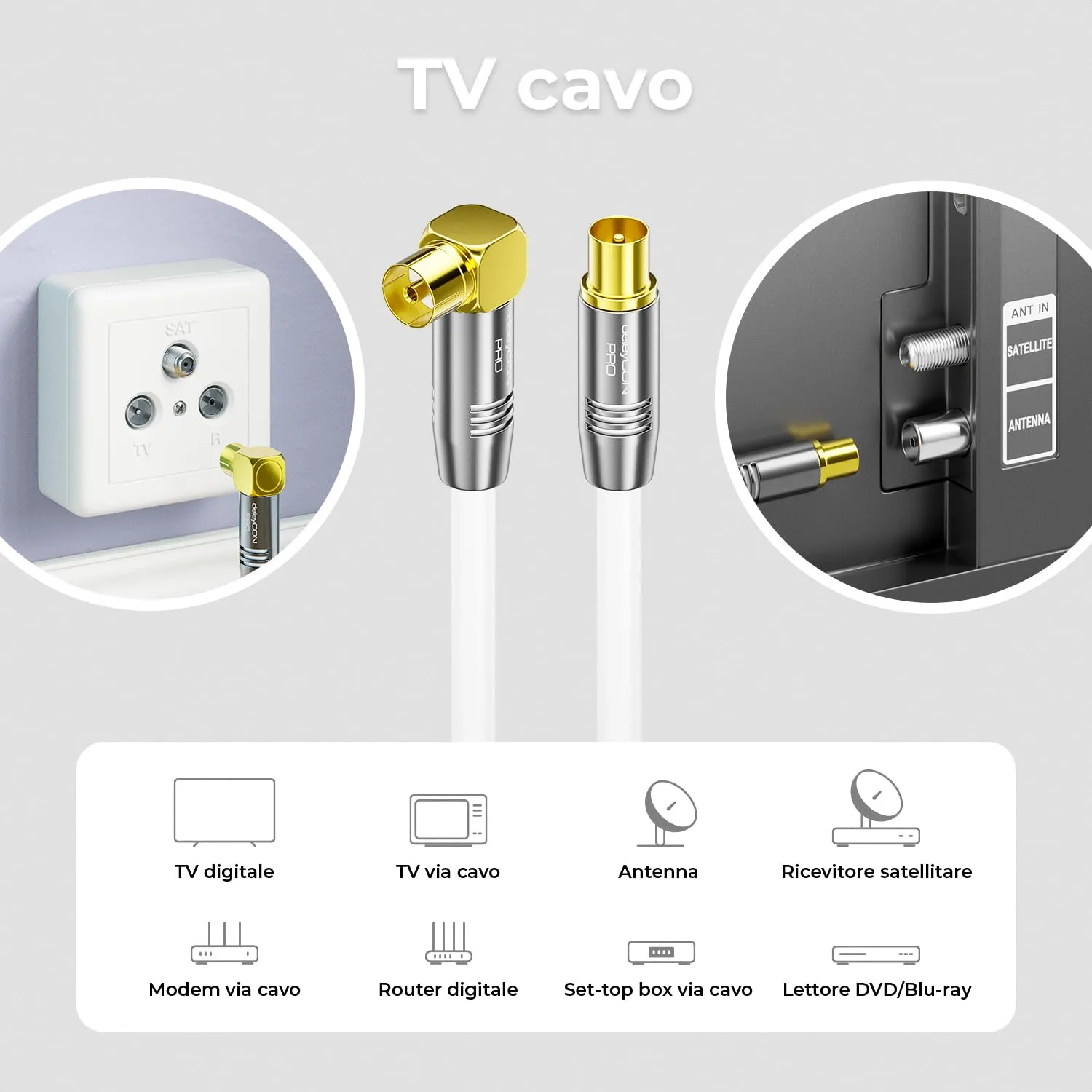 deleyCON Cavo Antenna TV 4K Coassiale, 1.5m, Connettore IEC Dritto a Presa IEC 90°, Bianco - immagine 6