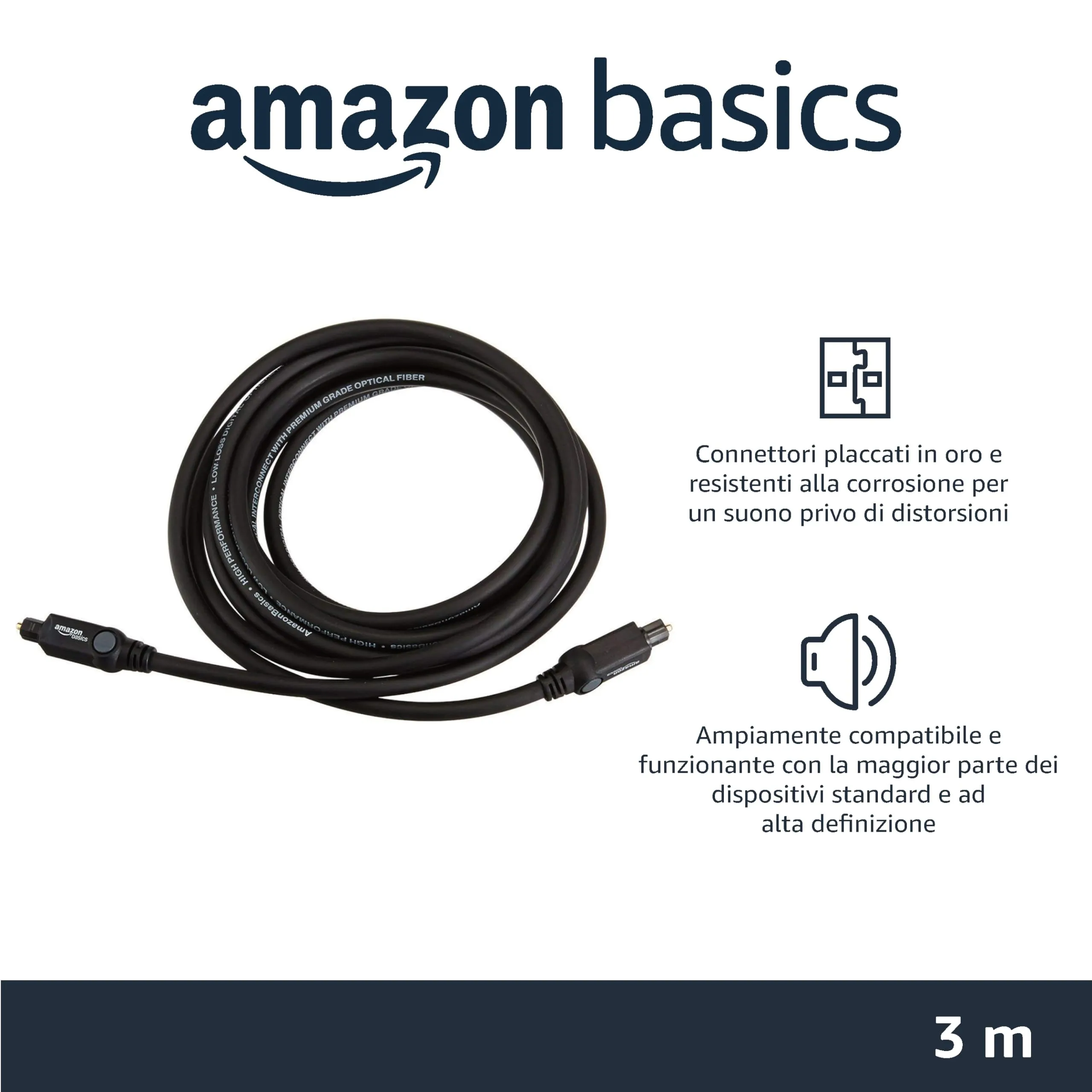 Amazon Basics Cavo Audio Ottico Digitale Toslink, 3 m, Nero - immagine 2